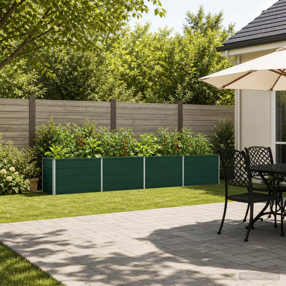 Ein langes, grünes Hochbeet mit Pflanzen steht in einem sonnigen Garten mit Holzzaun und Terrasse.