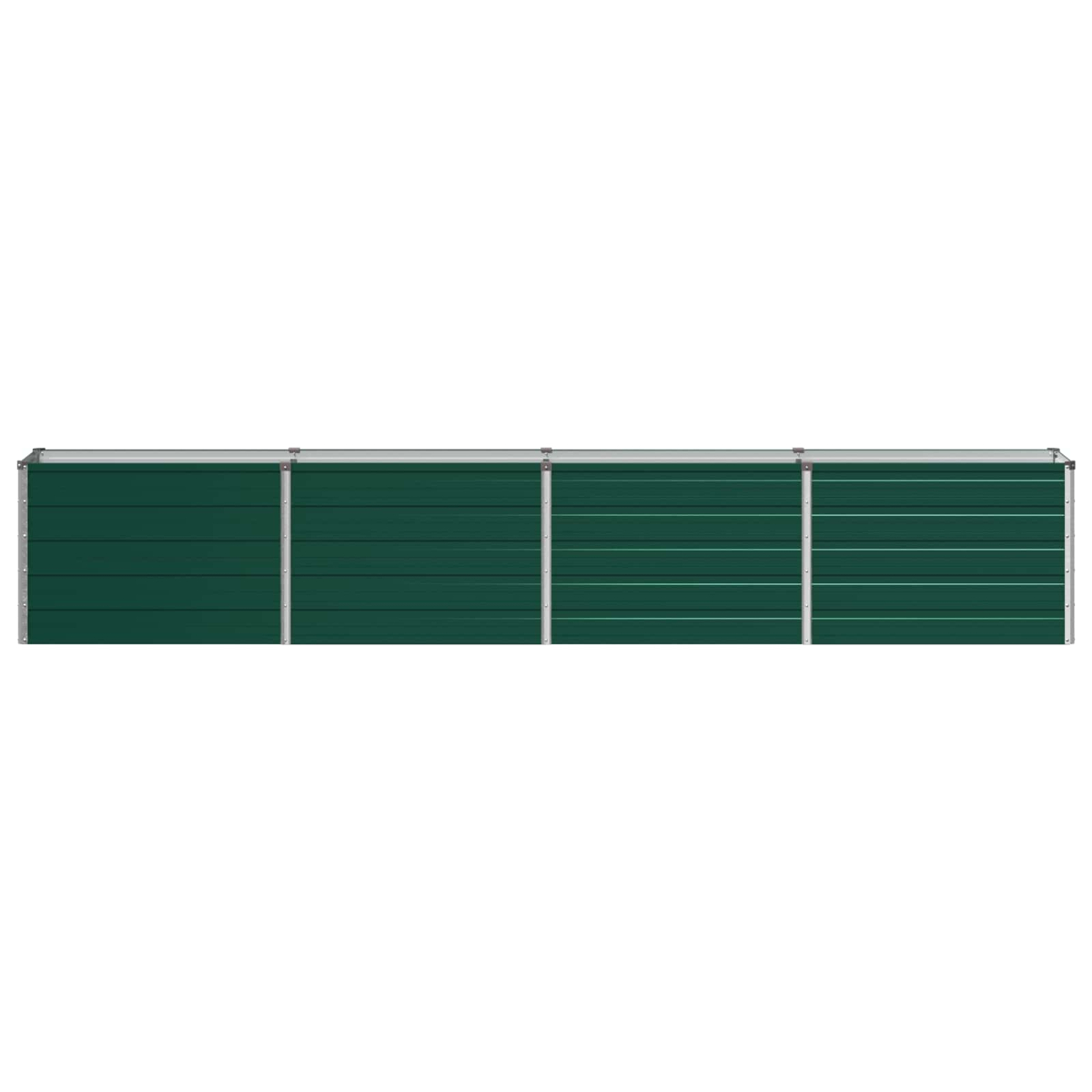 Ein langes, grünes Hochbeet mit Metallecken und -paneelen vor weißem Hintergrund.