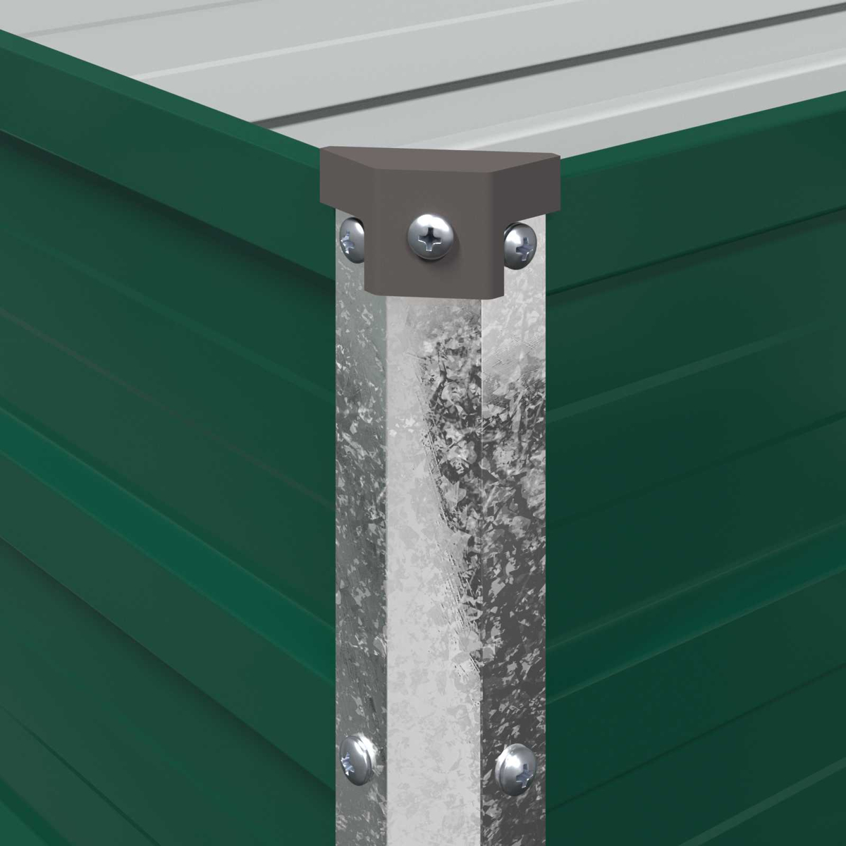 Grüne Metall-Hochbeet-Ecke mit galvanisiertem Eckpfosten und Schrauben.