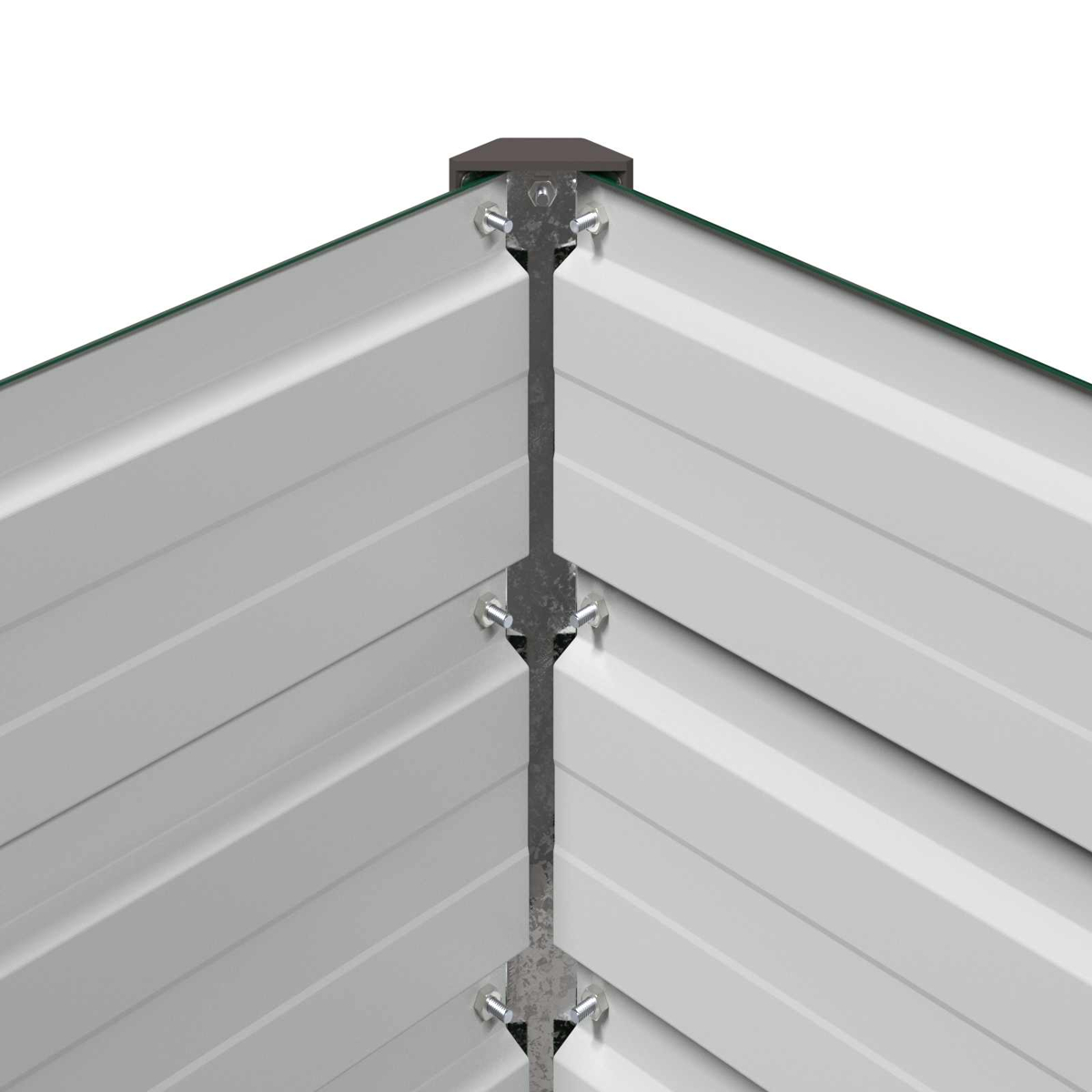 Ecke einer weißen Metallhochbeetkonstruktion mit sichtbaren Schrauben.