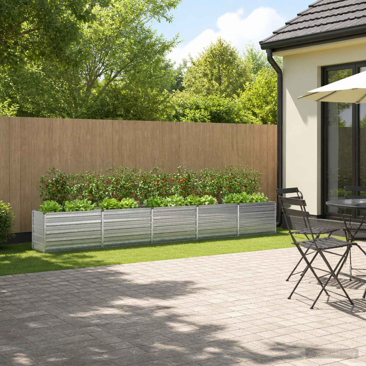 Metallhochbeete mit Salat und Tomaten auf einer Terrasse vor einer Holzwand und einem Haus.