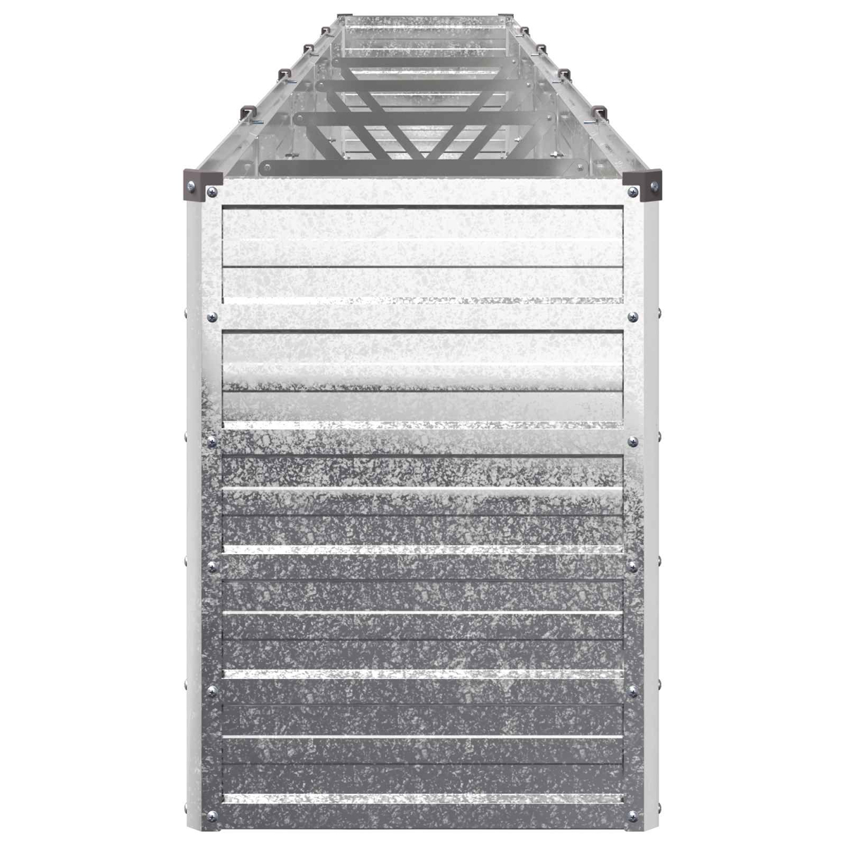 Langes, graues Hochbeet aus verzinktem Stahl mit Metallstreben und Schrauben.