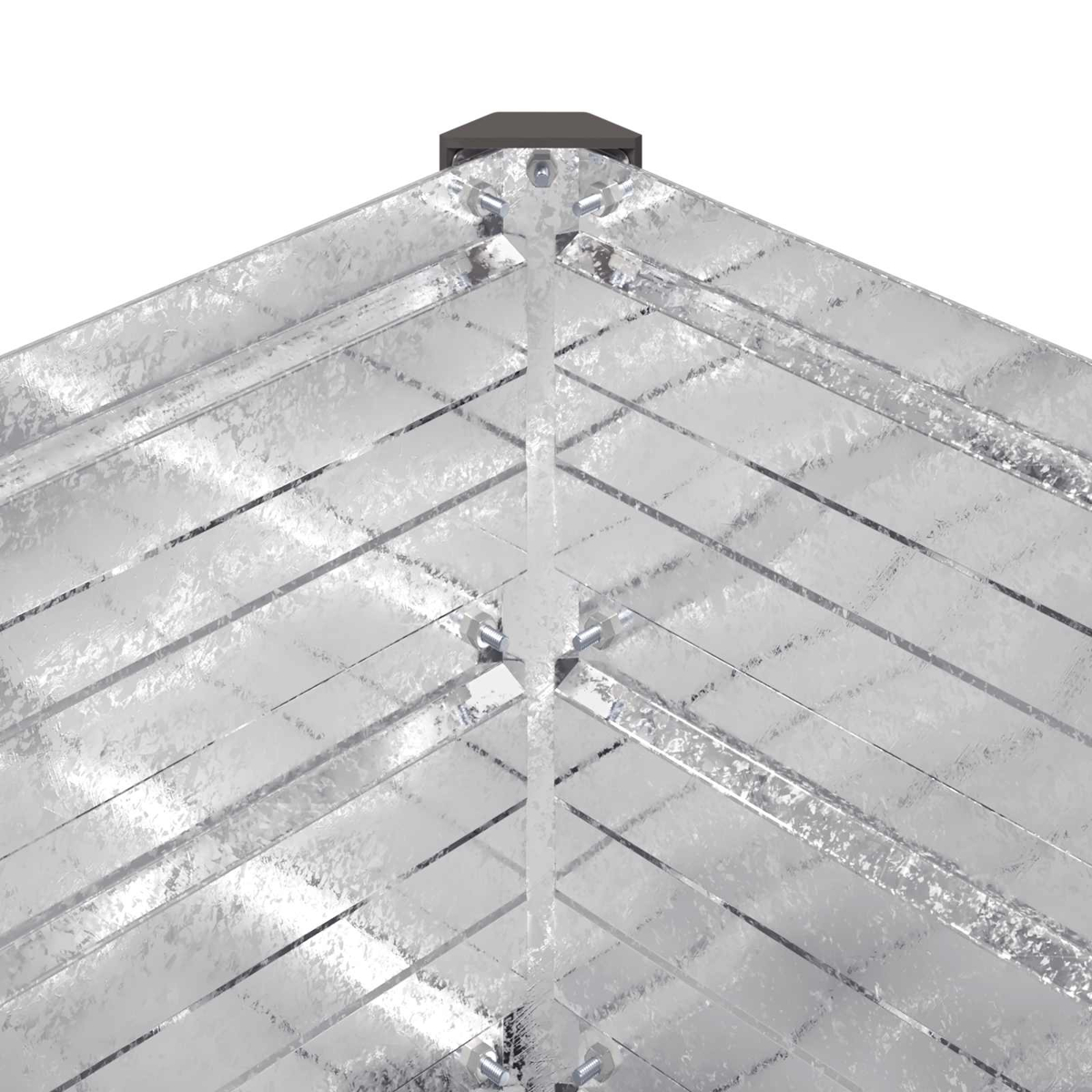 Glänzende Metallstrukturen und Paneele mit sichtbaren Schrauben an der Ecke.