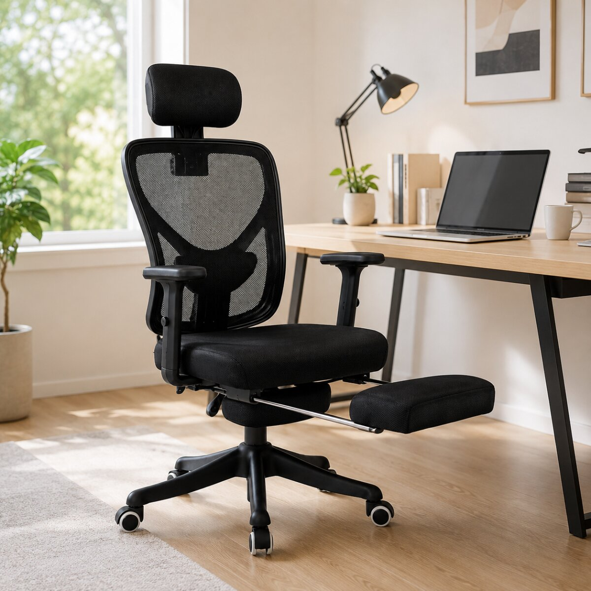 Ein schwarzer ergonomischer Buerostuhl mit Netzruecken und ausziehbarer Fussstuetze steht an einem Holztisch.