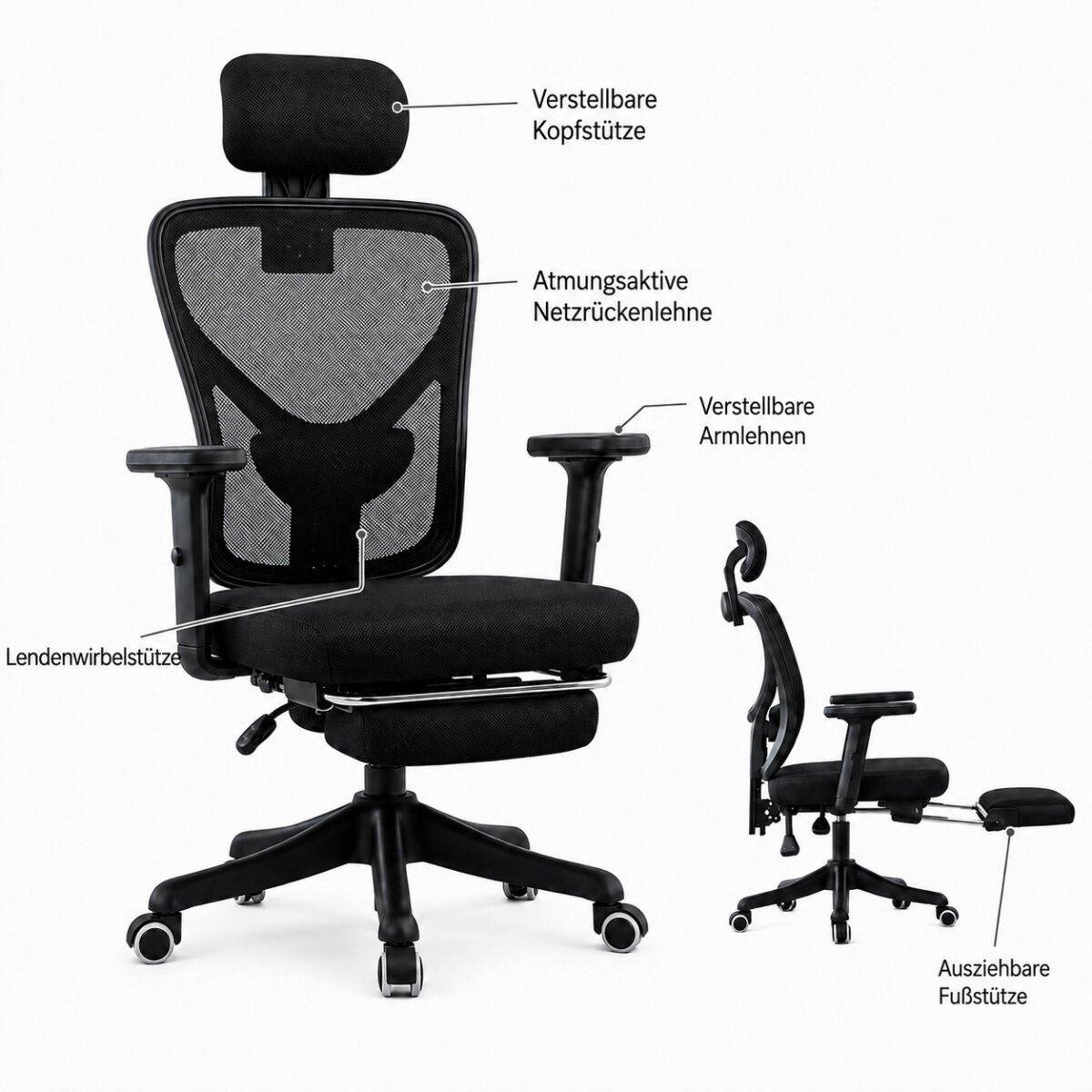 Schwarzer ergonomischer Bürostuhl mit Netzrücken, verstellbaren Armlehnen und Fußstütze.