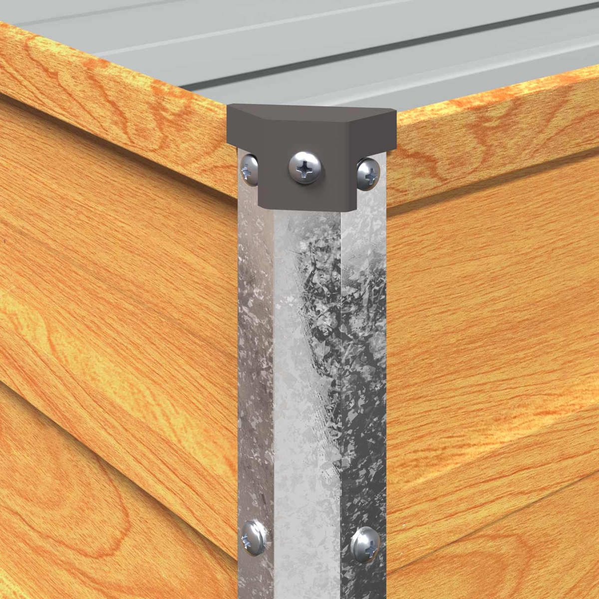 Eine hölzerne Pflanzgefäss-Eckhalterung aus Metall mit sichtbaren Schrauben und einer grauen Kunststoffkappe.