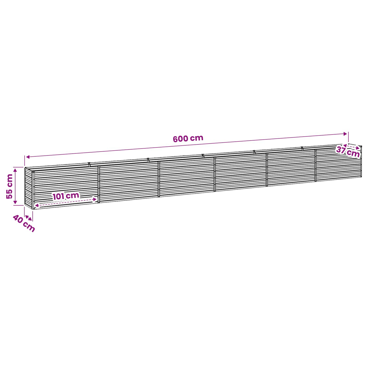 Diagramm eines langen rechteckigen Blumenbeets mit Maßangaben von 600 cm Länge, 55 cm Höhe und 40 cm Tiefe.