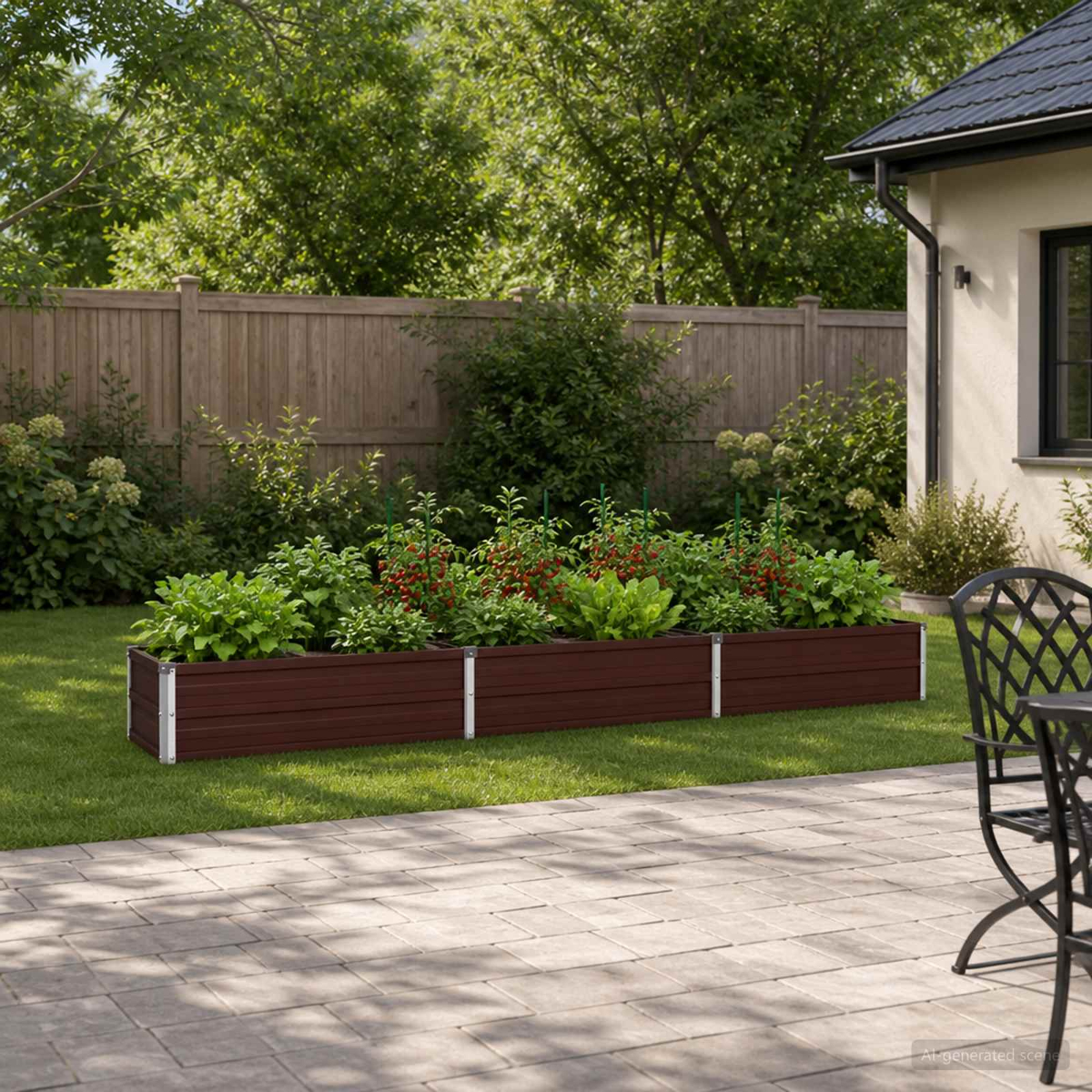 Ein langes braunes Hochbeet mit Gemüse und Tomaten steht auf einer Wiese im Garten neben einer Terrasse.