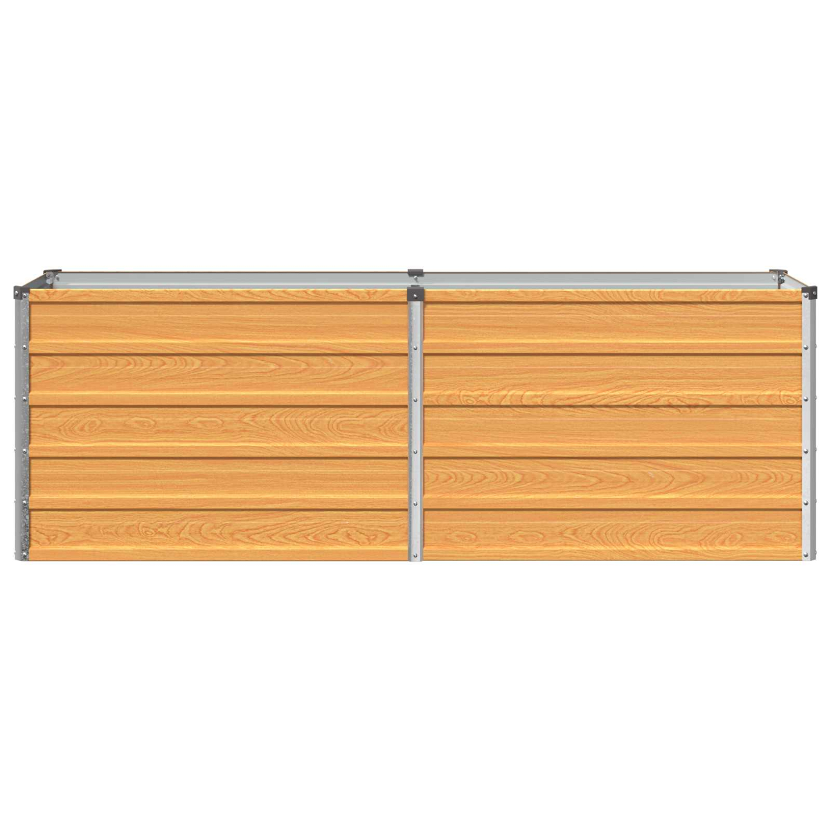 Ein rechteckiges, holzfarbenes Gartenhochbeet mit Metallrahmen und Paneelen.