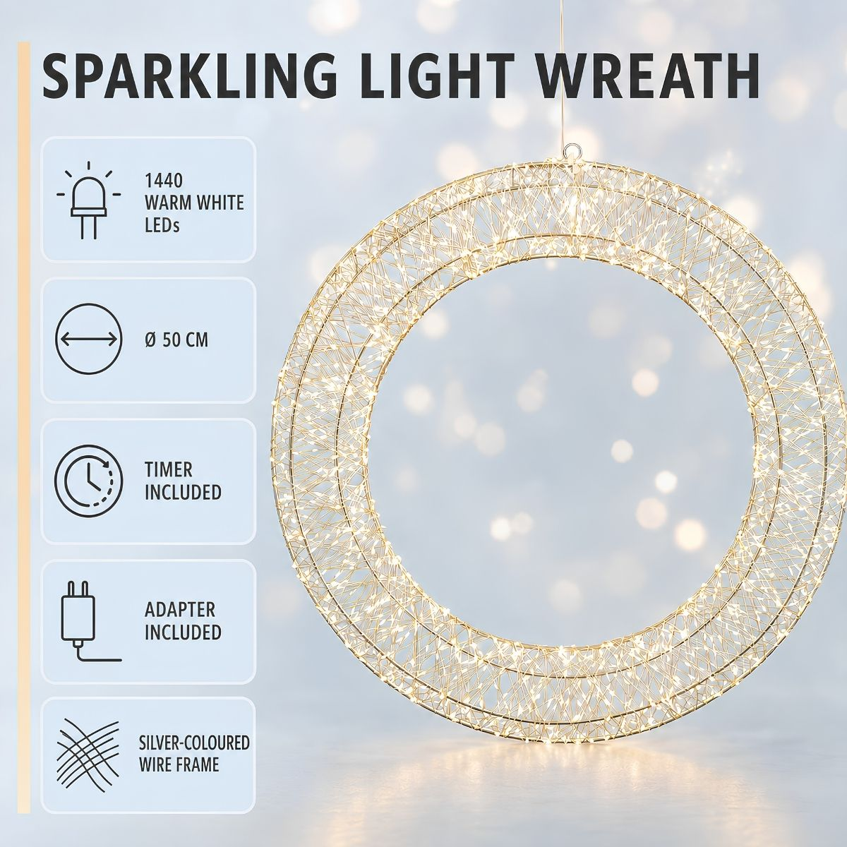 Glanzende LED-lichtkrans met draadframe en productdetails.