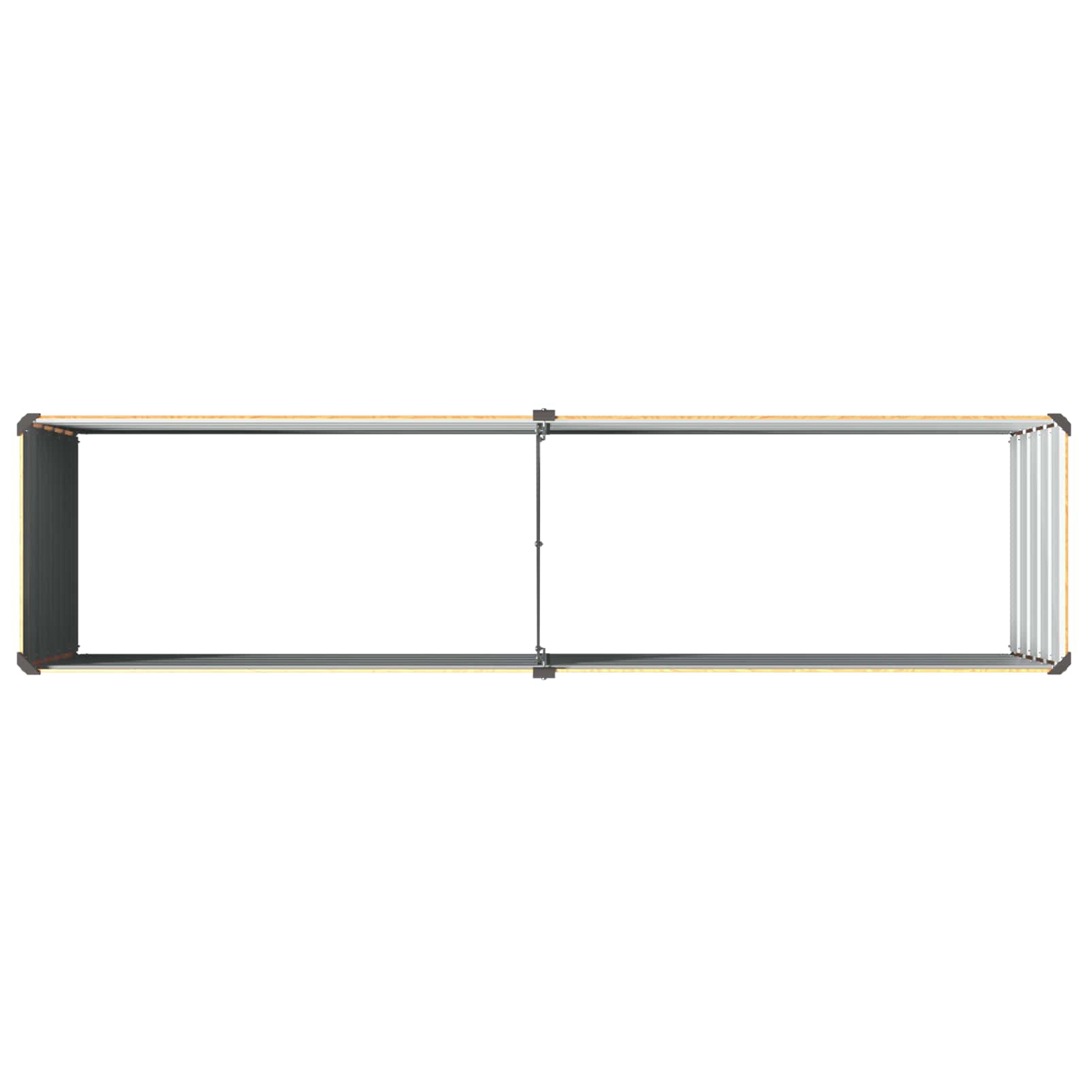 Langer, rechteckiger Holzrahmen mit vertikalen Lamellen und Metallteilen vor weißem Hintergrund.