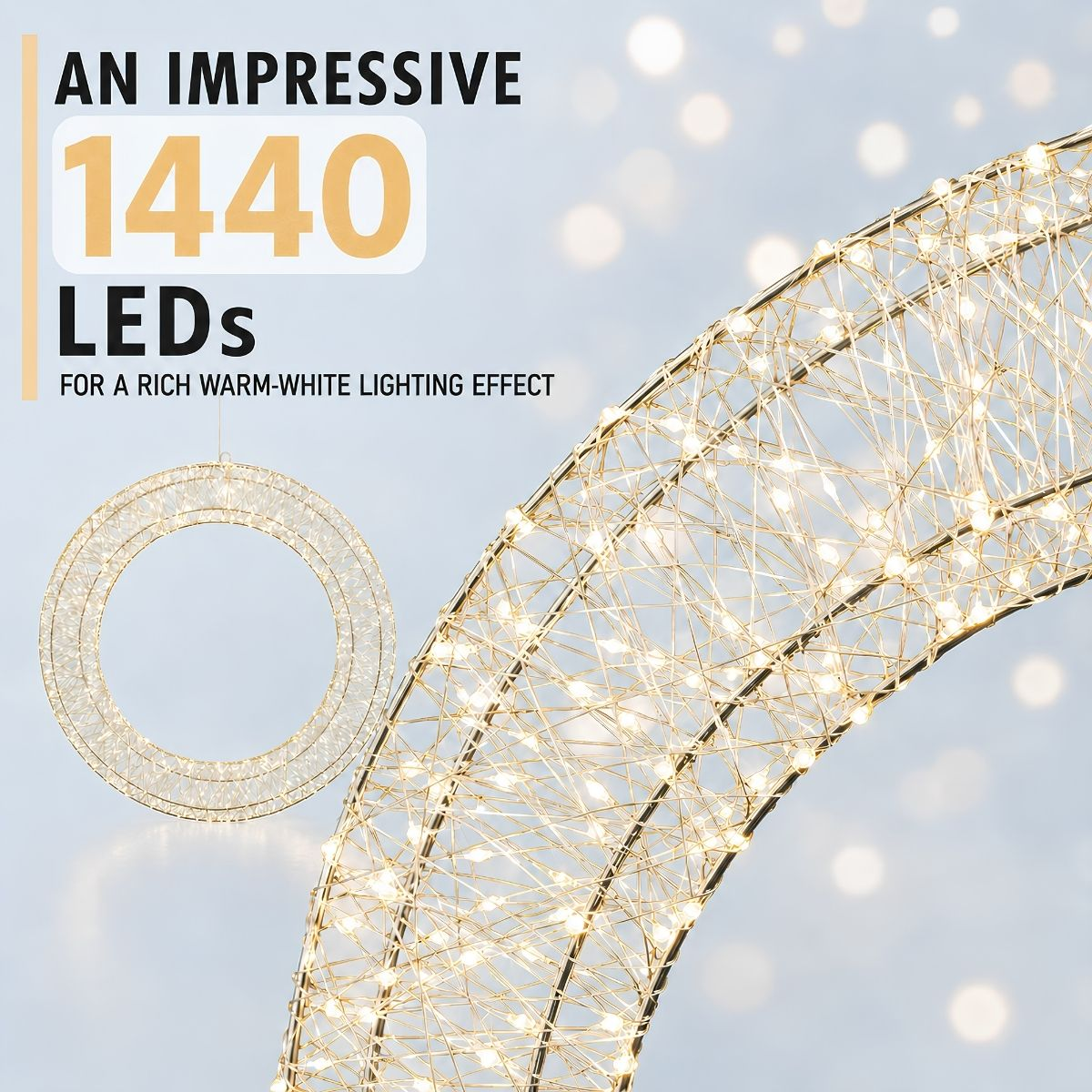 Een indrukwekkende ringvormige decoratie met 1440 warm-witte LED-lampjes.