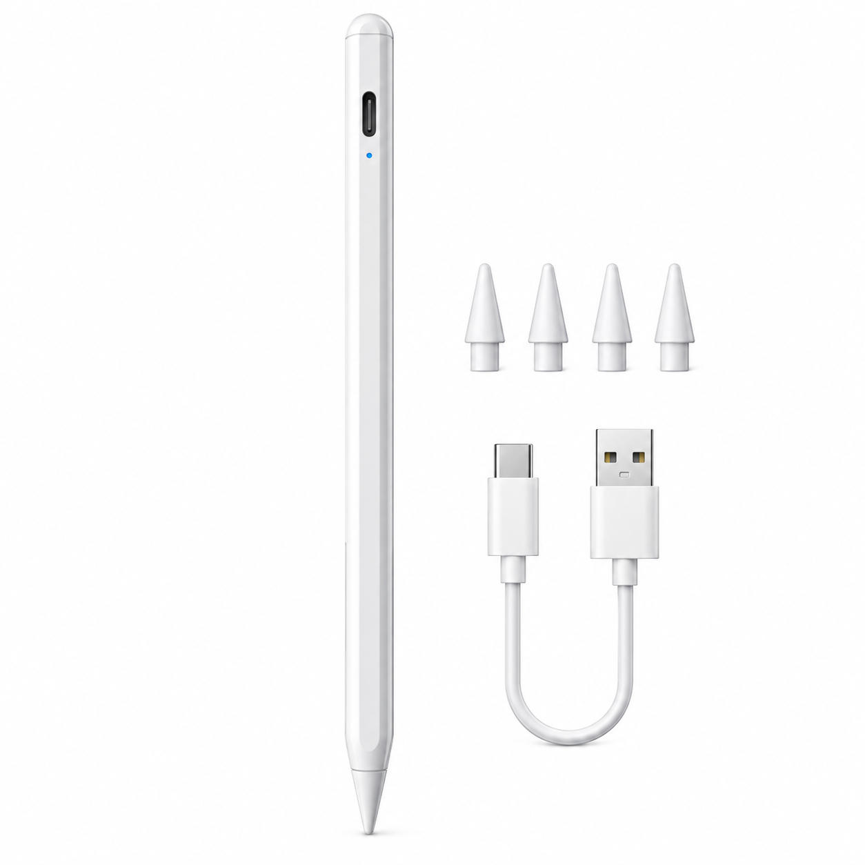 Biały rysik cyfrowy z czterema zapasowymi końcówkami i kablem ładującym USB-C.