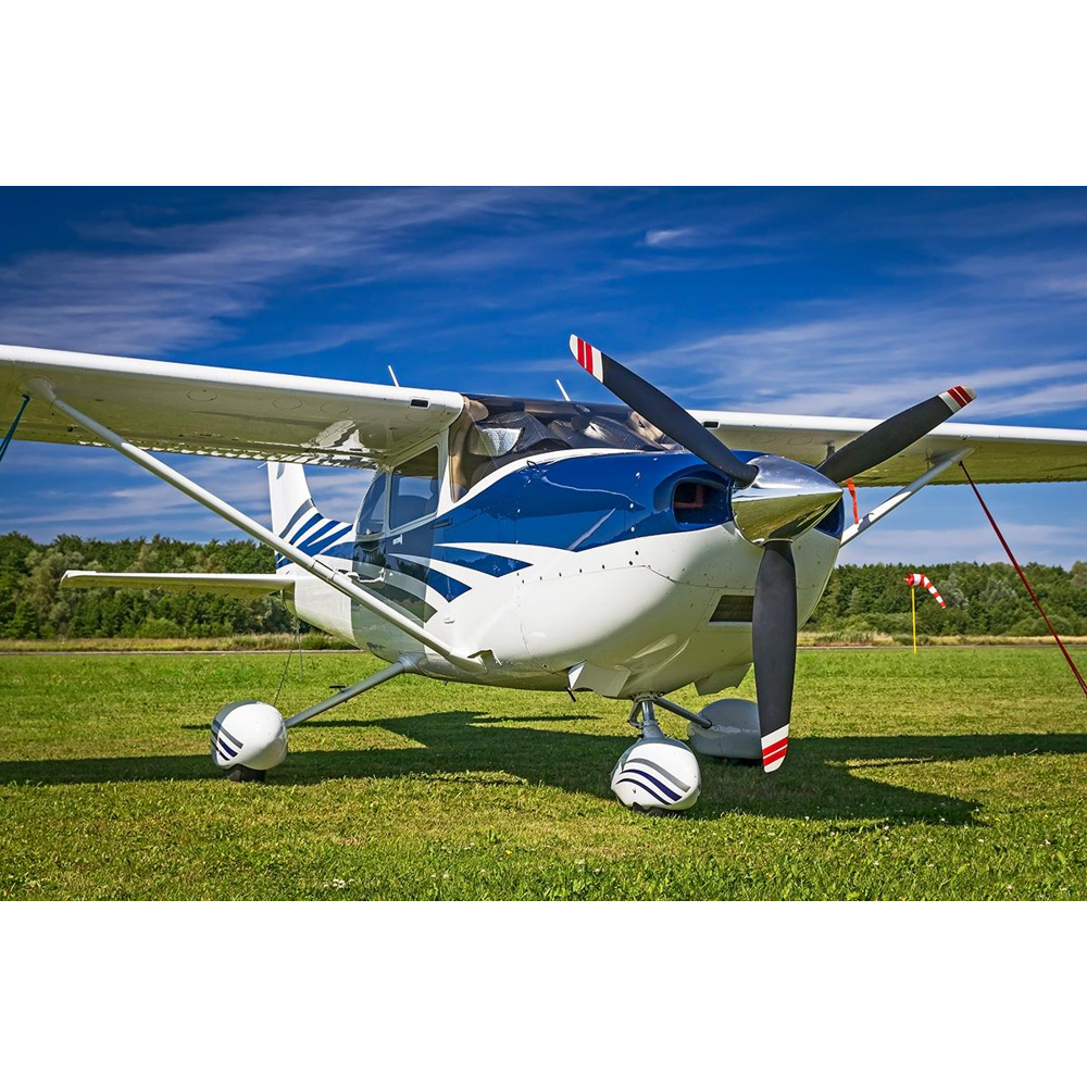 Ein weiß-blaues Propellerflugzeug steht auf einer grünen Wiese unter einem blauen Himmel.