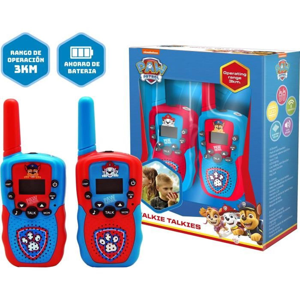 Paw Patrol Walkie-Talkies in Rot und Blau mit Verpackung.