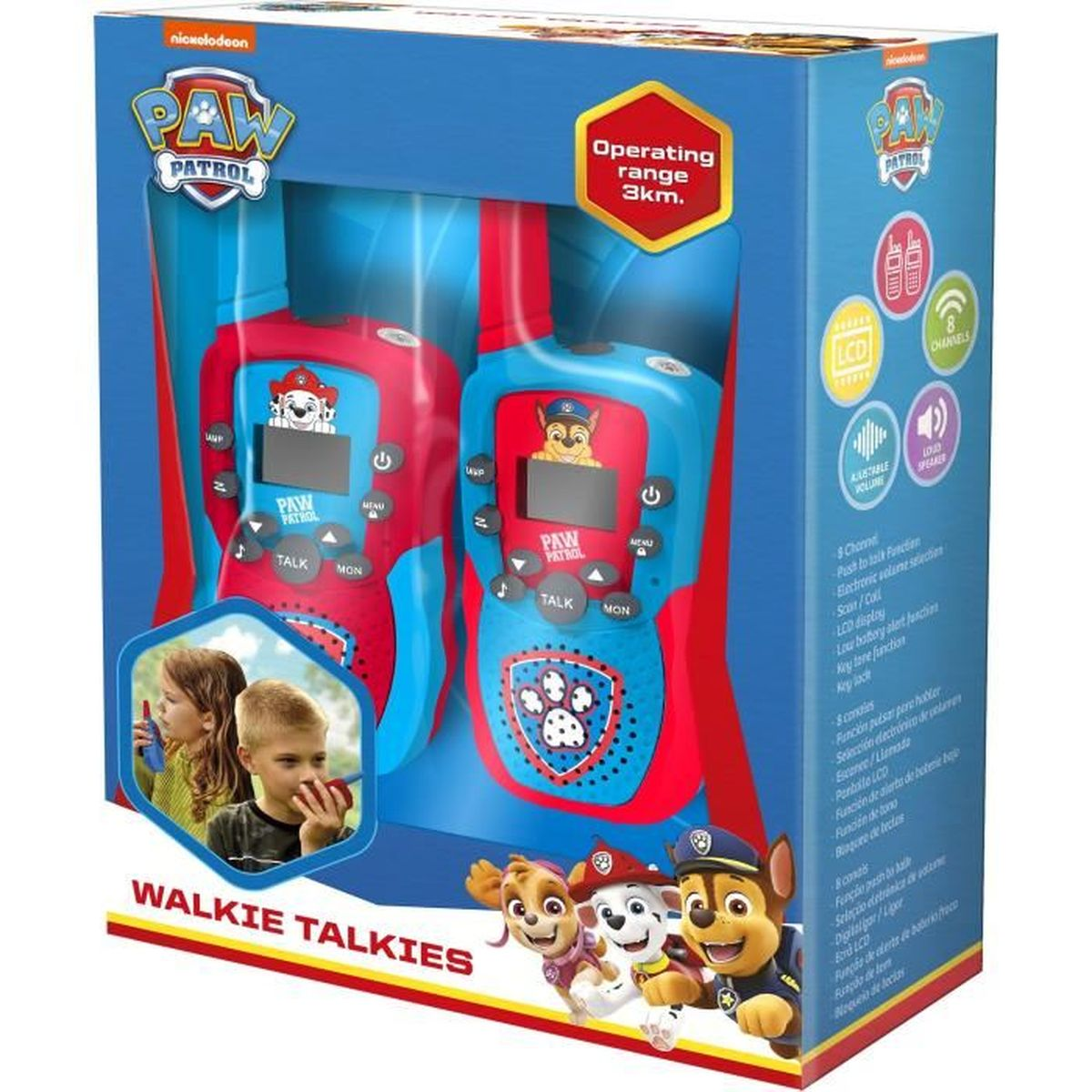 Paw Patrol Walkie-Talkies in blau-roter Verpackung mit spielenden Kindern und Figuren.