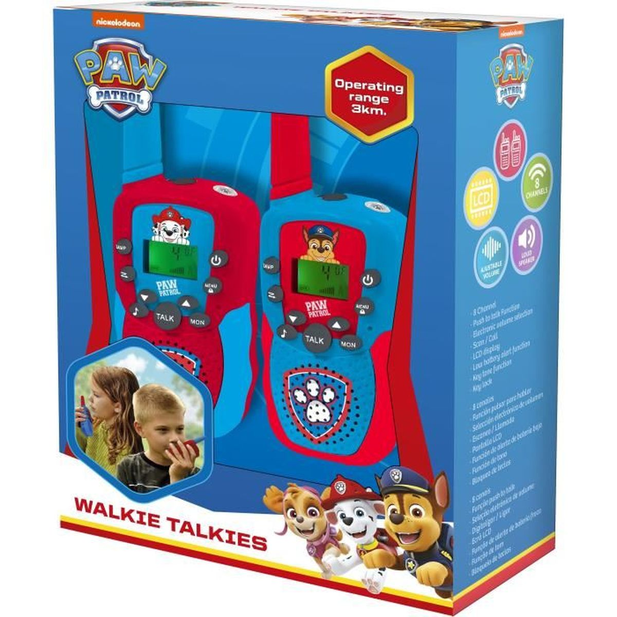 Paw Patrol Walkie-Talkies in rot und blau mit Charakteren in der Box.