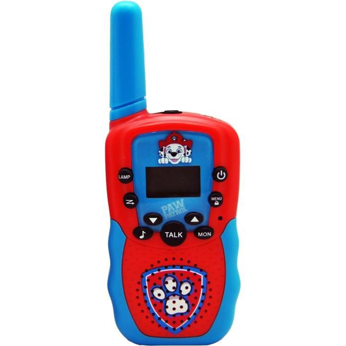 Rot-blaues Paw Patrol Walkie-Talkie mit Hundemotiv und Antenne.
