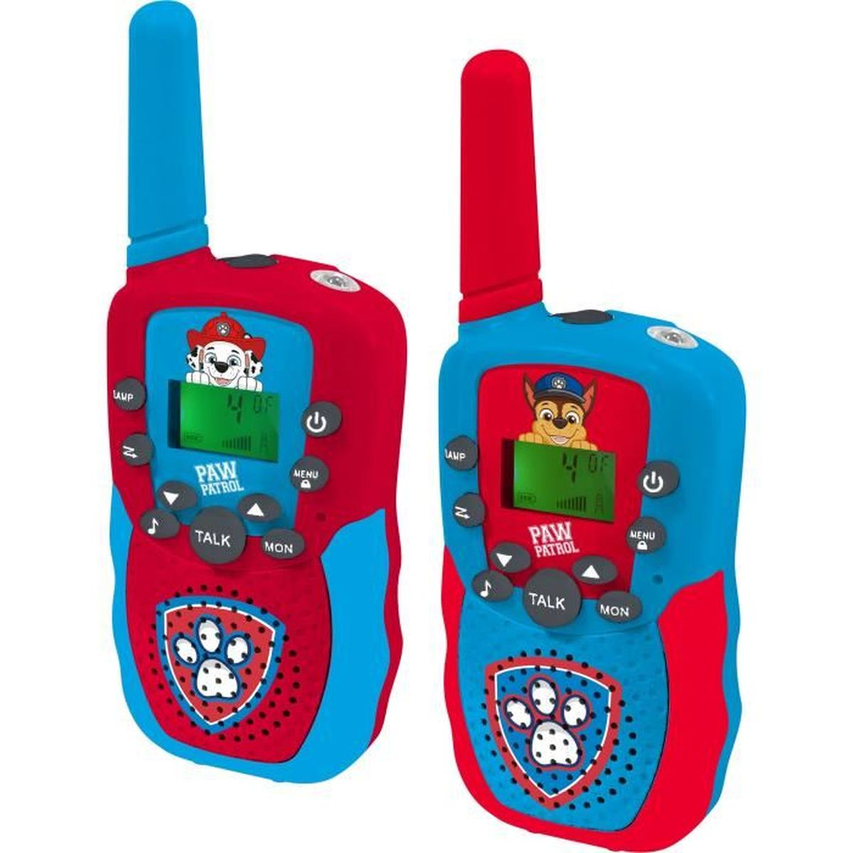Zwei blaue und rote Paw Patrol Walkie-Talkies mit Bildschirmen und Tasten vor weißem Hintergrund.