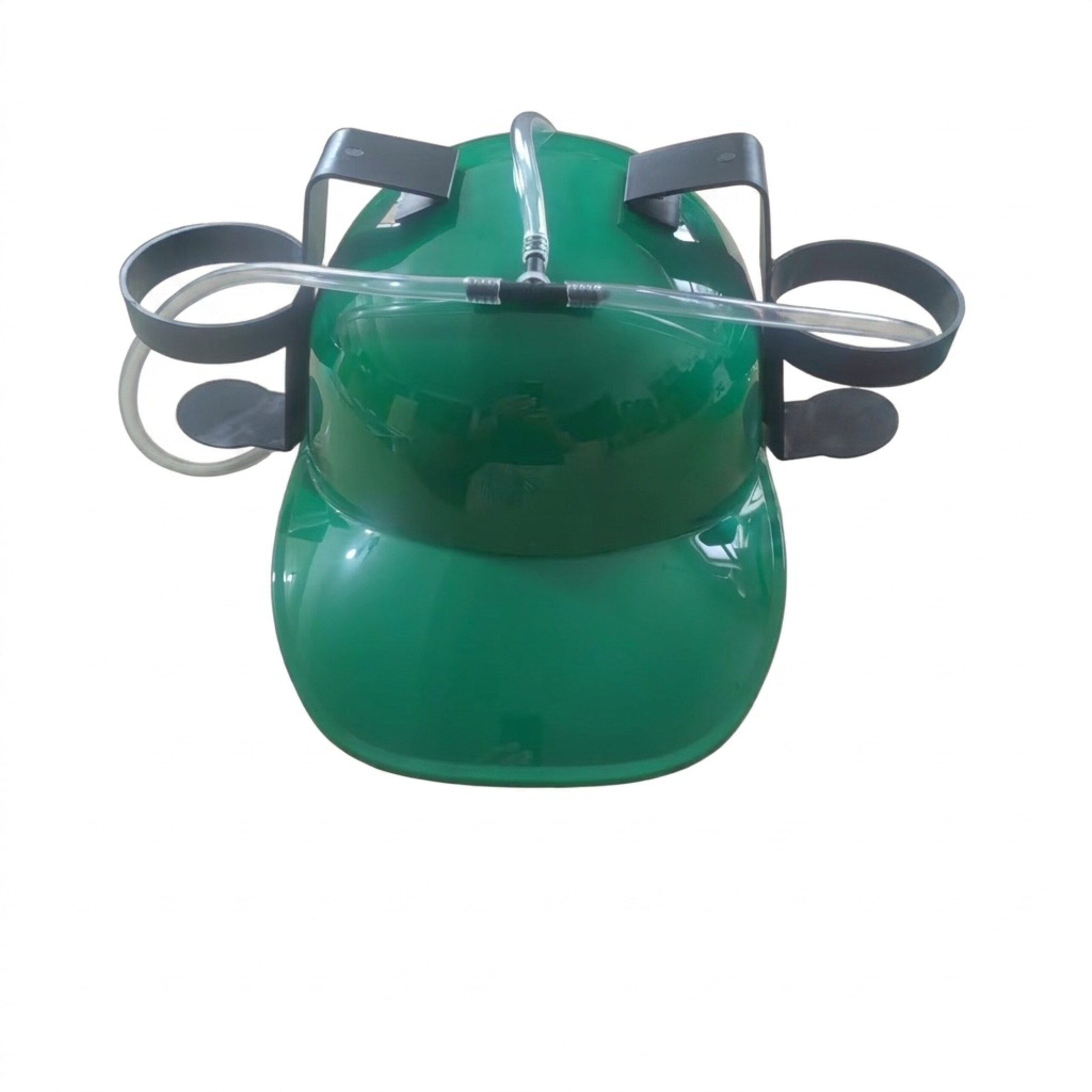 Grüner Helm mit zwei Dosenhaltern an den Seiten und durchsichtigen Schläuchen oben.
