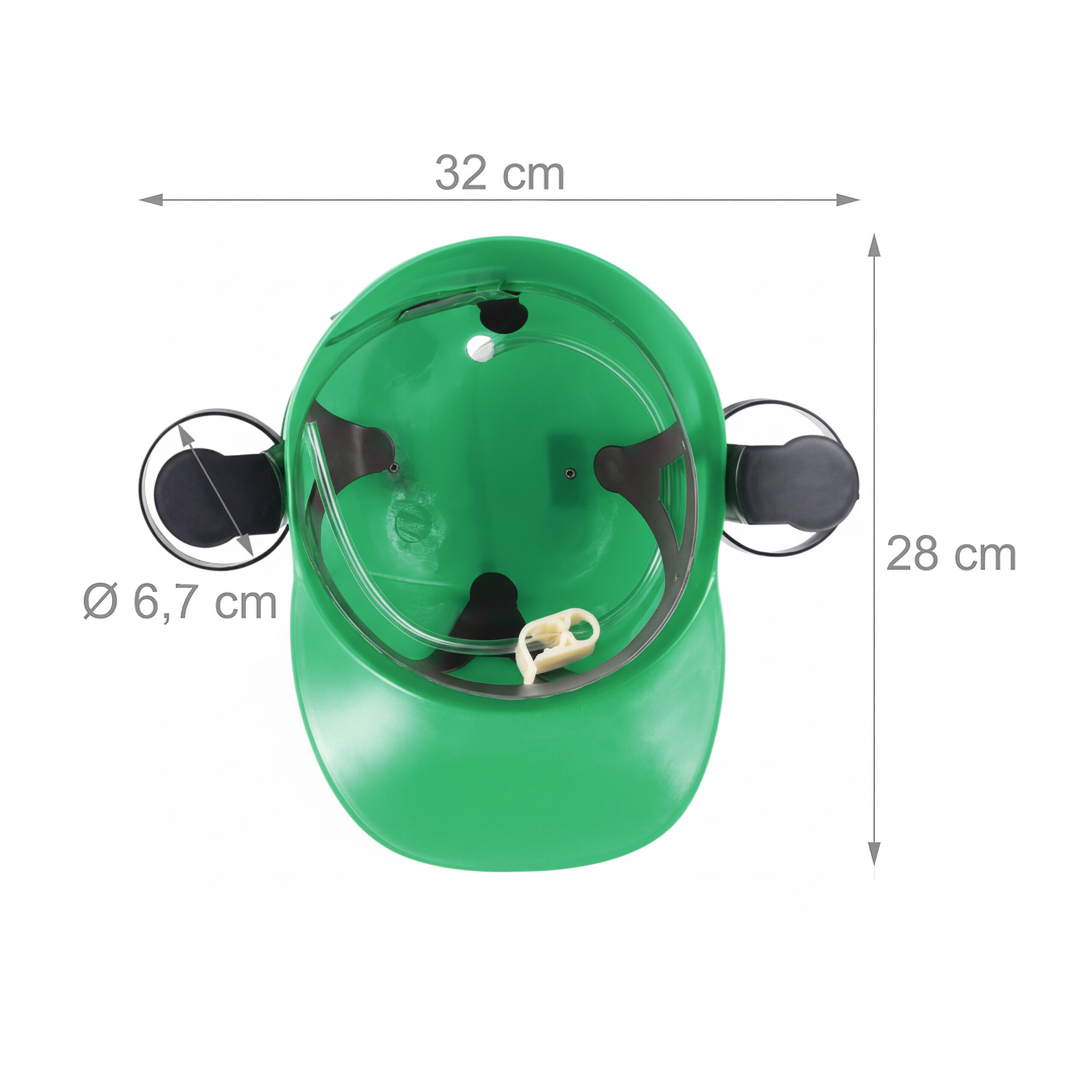 Draufsicht auf einen grünen Schutzhelm mit Maßlinien für 32 cm Breite, 28 cm Länge und 6,7 cm Durchmesser.