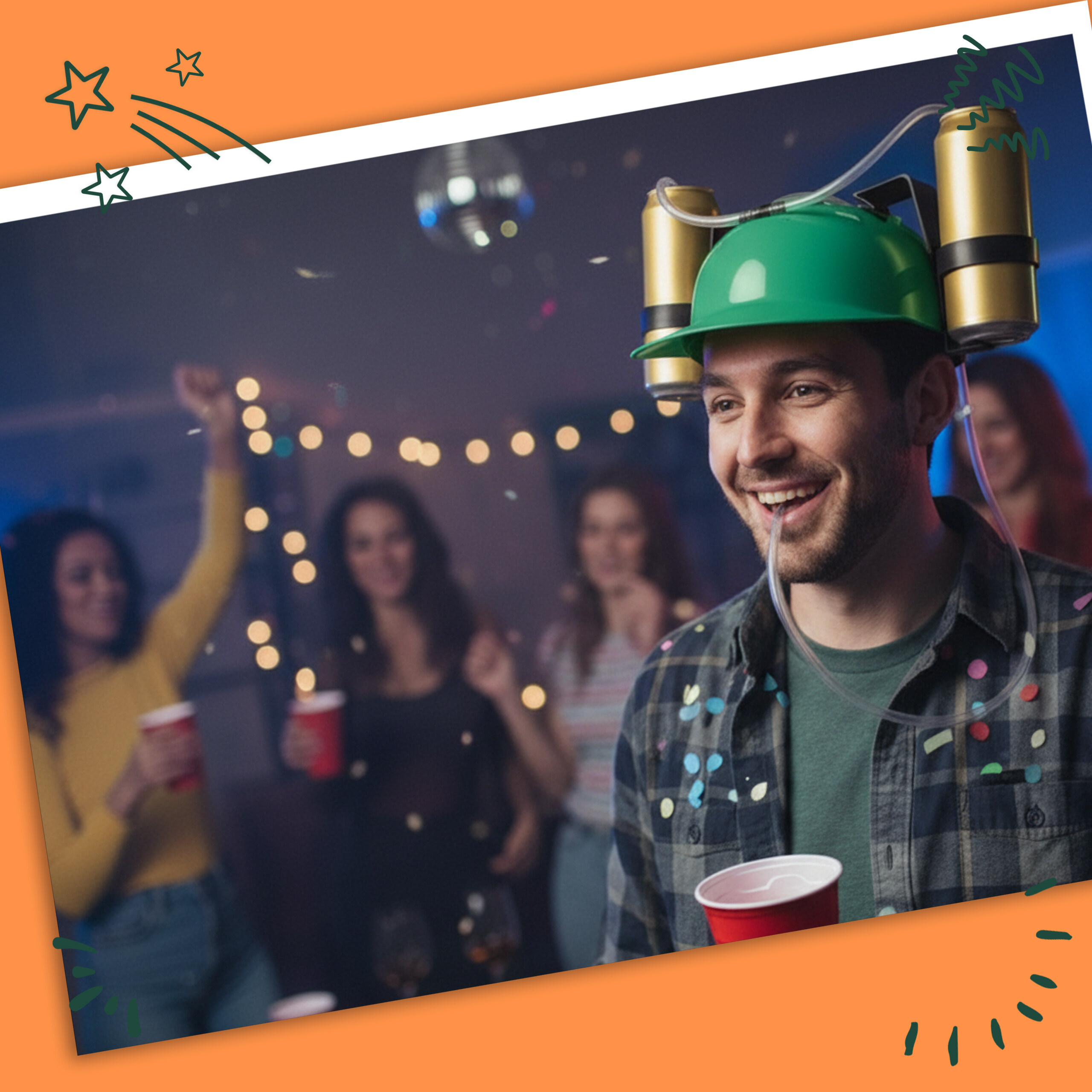Ein Mann mit grünem Bierhelm auf einer Party mit Freunden im verschwommenen Hintergrund.