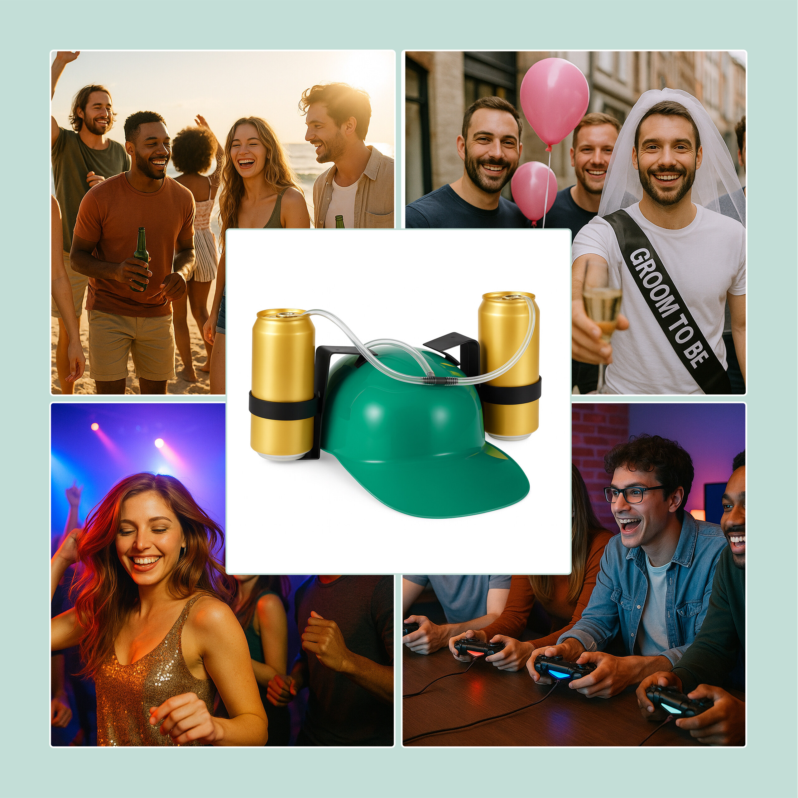 Eine Collage mit einem grünen Bierhelm, Party-Szenen, Strandbesuchern, einem Bräutigam, Tanz und Gaming.