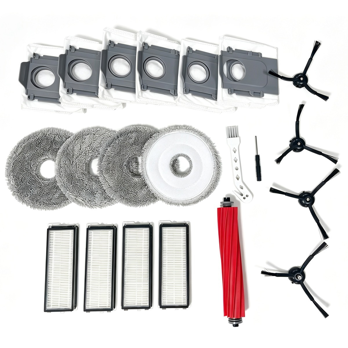 Replacement parts for robot vacuum include dust bags, mop pads, filters, side brushes, a main roller brush, and tools.