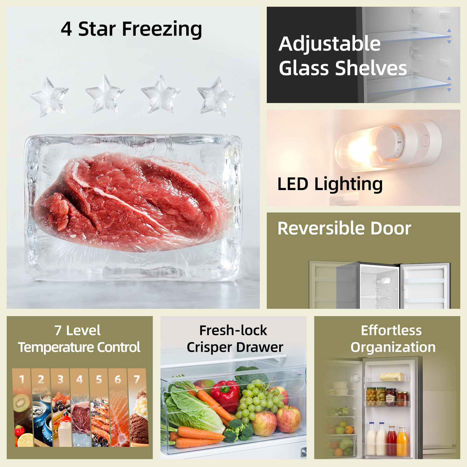 Las características del refrigerador incluyen congelación de 4 estrellas, estantes ajustables y control de temperatura.