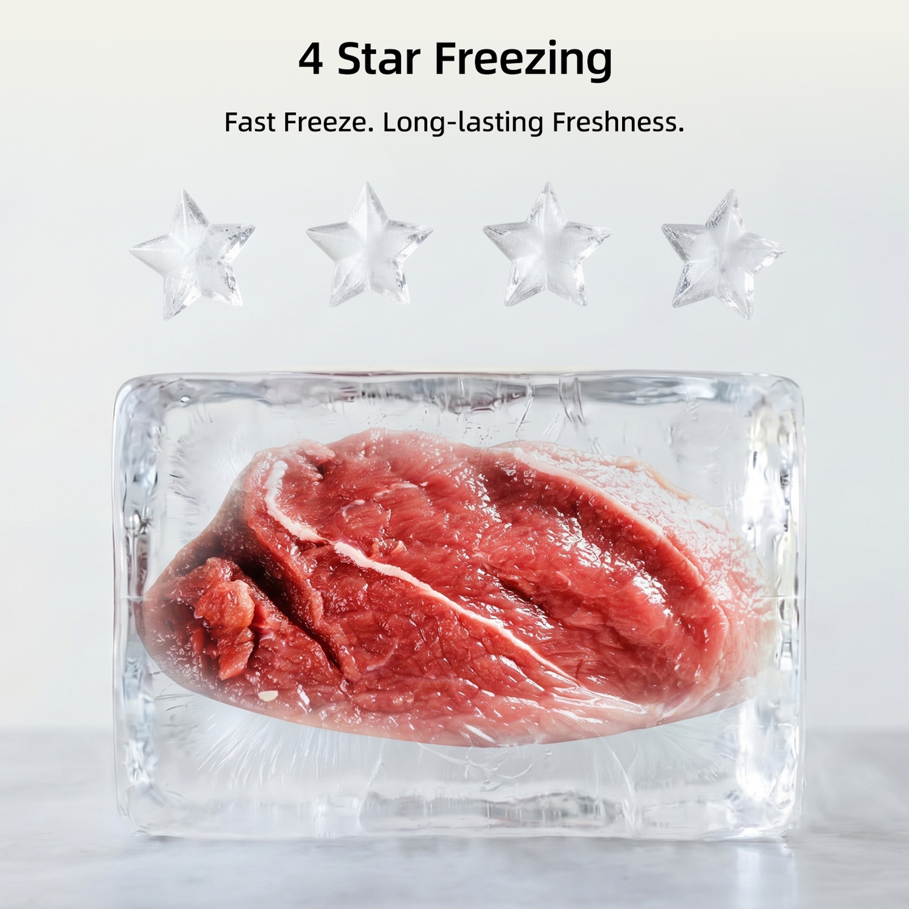 Un bistec crudo congelado dentro de un bloque de hielo con cuatro estrellas de hielo y texto.