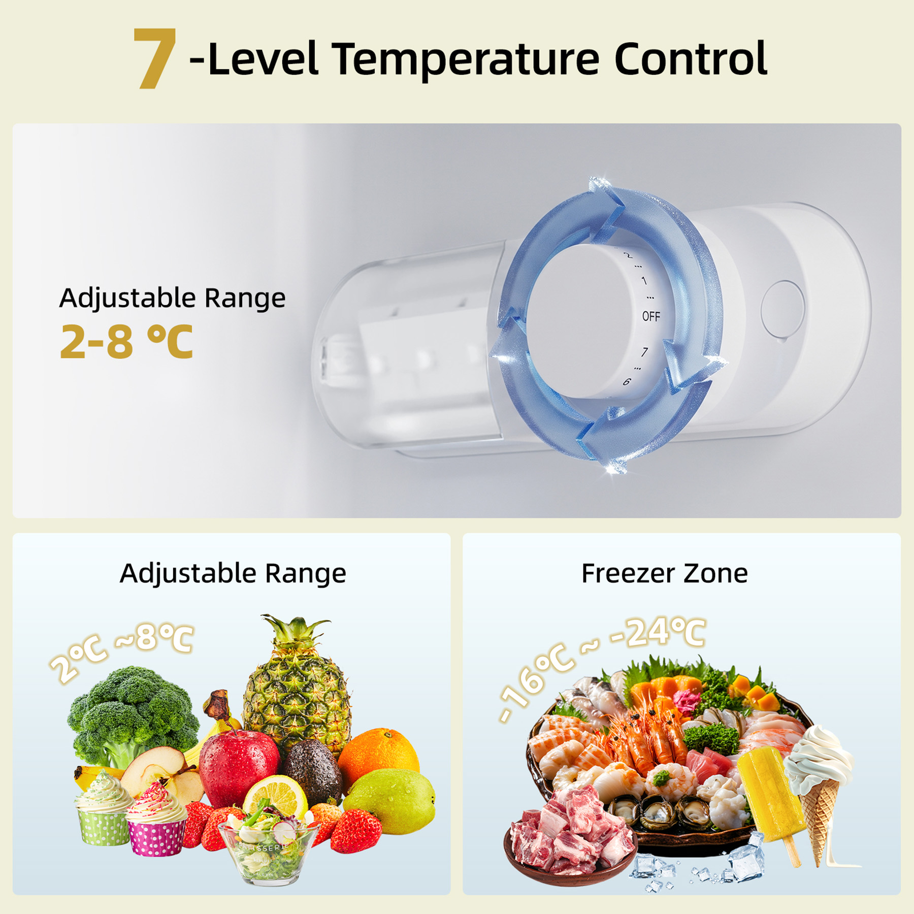 Control de temperatura de 7 niveles con rango de refrigeración y congelador.