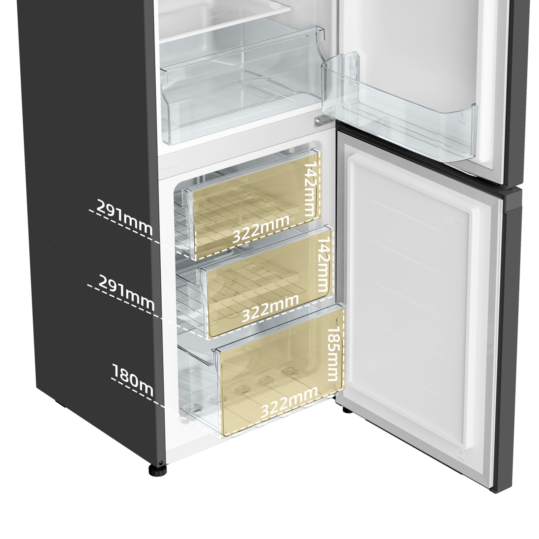 Refrigerador abierto con dimensiones resaltadas de los cajones transparentes del congelador.