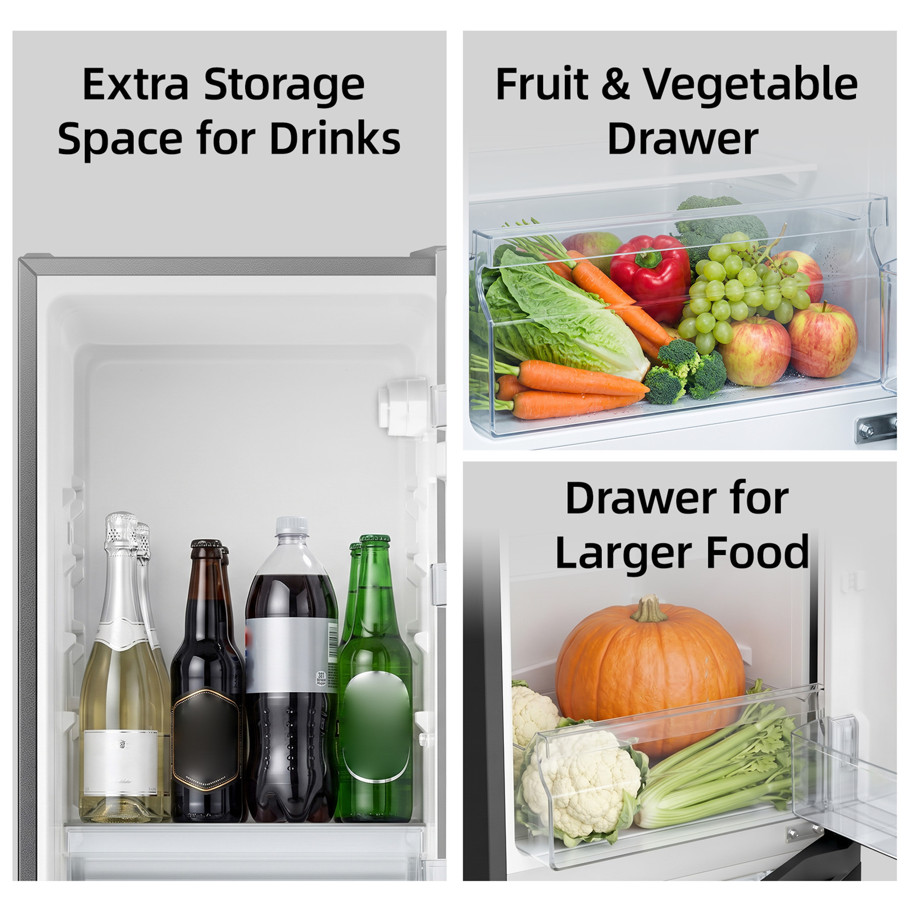 El refrigerador incluye estante para bebidas, cajón de frutas y verduras y cajón para alimentos grandes.