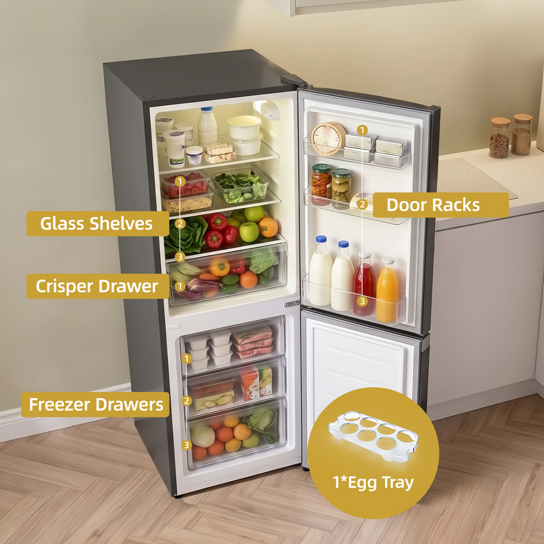 Un refrigerador gris oscuro abierto con estantes de vidrio, cajón para verduras y congelador, etiquetado.