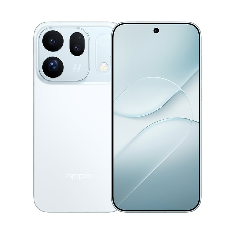 Weißes Oppo Smartphone von vorne und hinten mit Dreifach-Kamera und hellem, abstrakten Display.