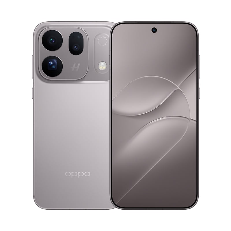 Graues Oppo-Smartphone mit Dreifachkamera hinten und Frontdisplay mit geschwungenem abstrakten Hintergrund.