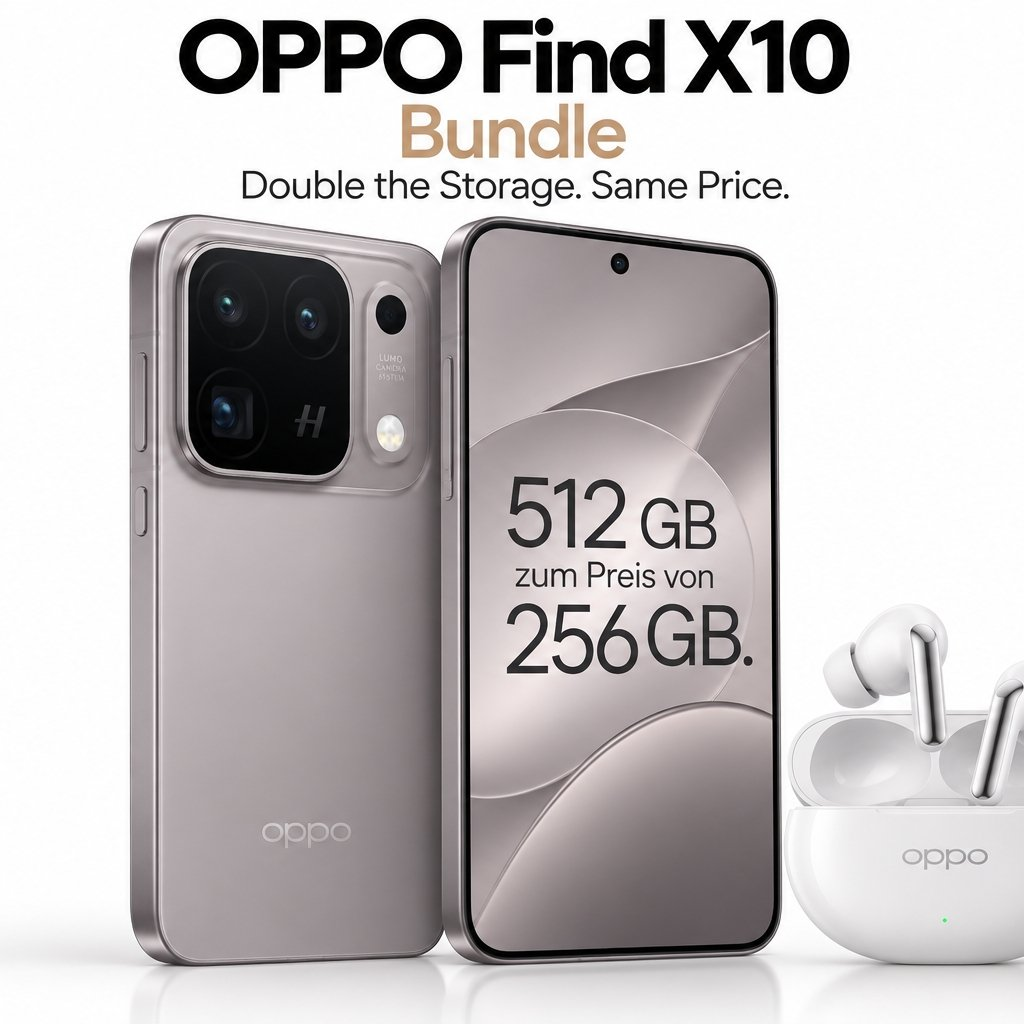 Oppo Find X10 Bundle Werbung mit zwei silbernen Handys und weißen Ohrhörern.