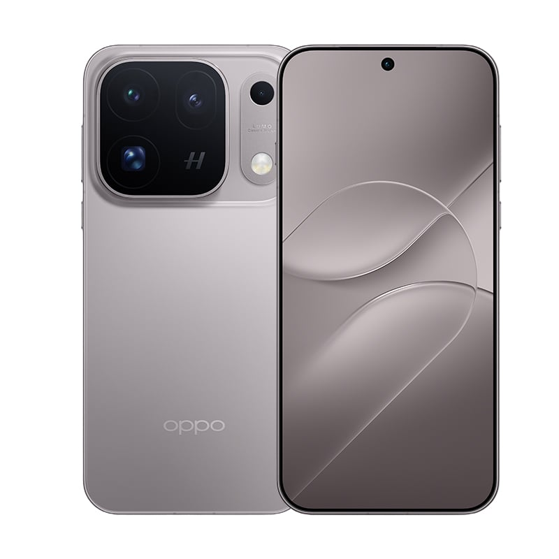 Vorder- und Rückseite eines silbernen Oppo-Smartphones mit Dreifach-Kamera und gebogenem Bildschirm.