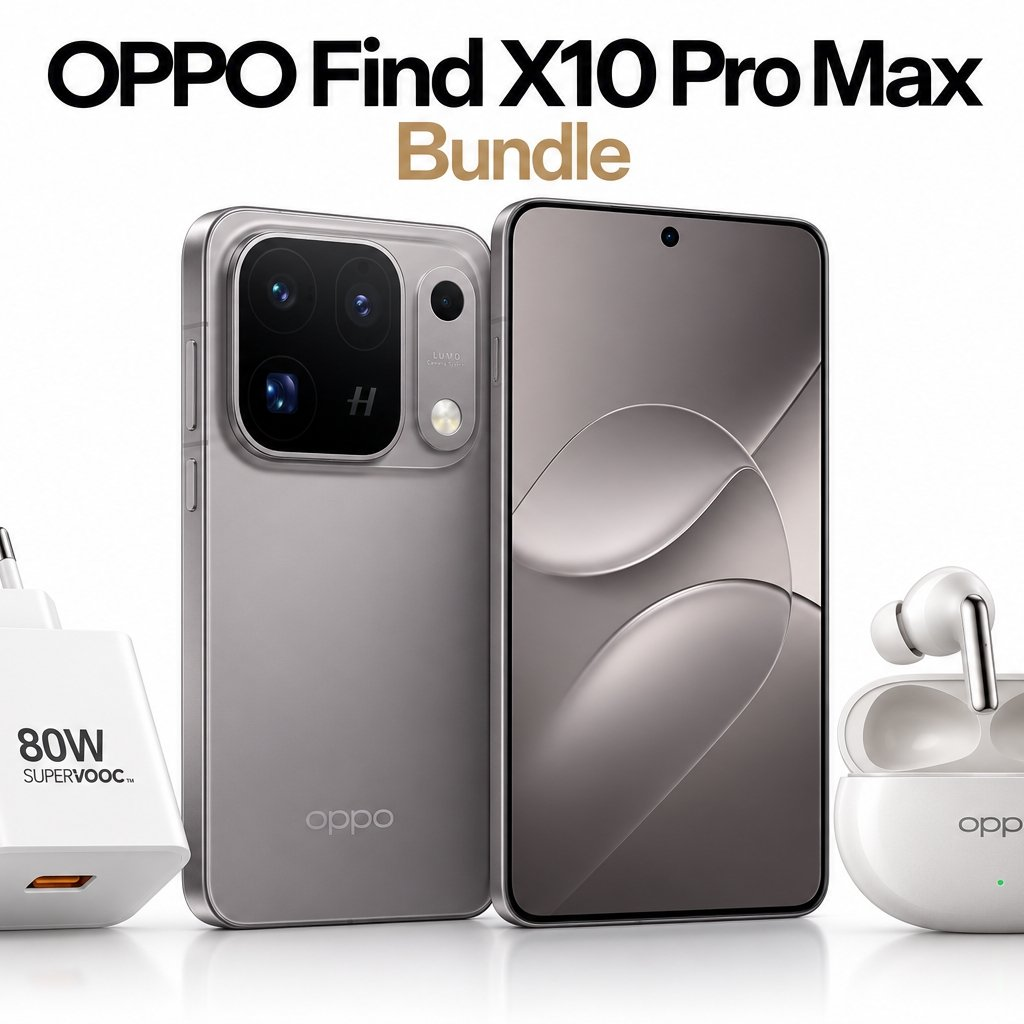 Oppo Find X10 Pro Max Bundle mit Smartphone, 80W Ladegerät und kabellosen Ohrhörern.