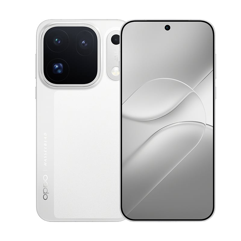 Weißes Smartphone von vorne und hinten, mit Dreifach-Kamera und elegantem Display mit silbernem Muster.