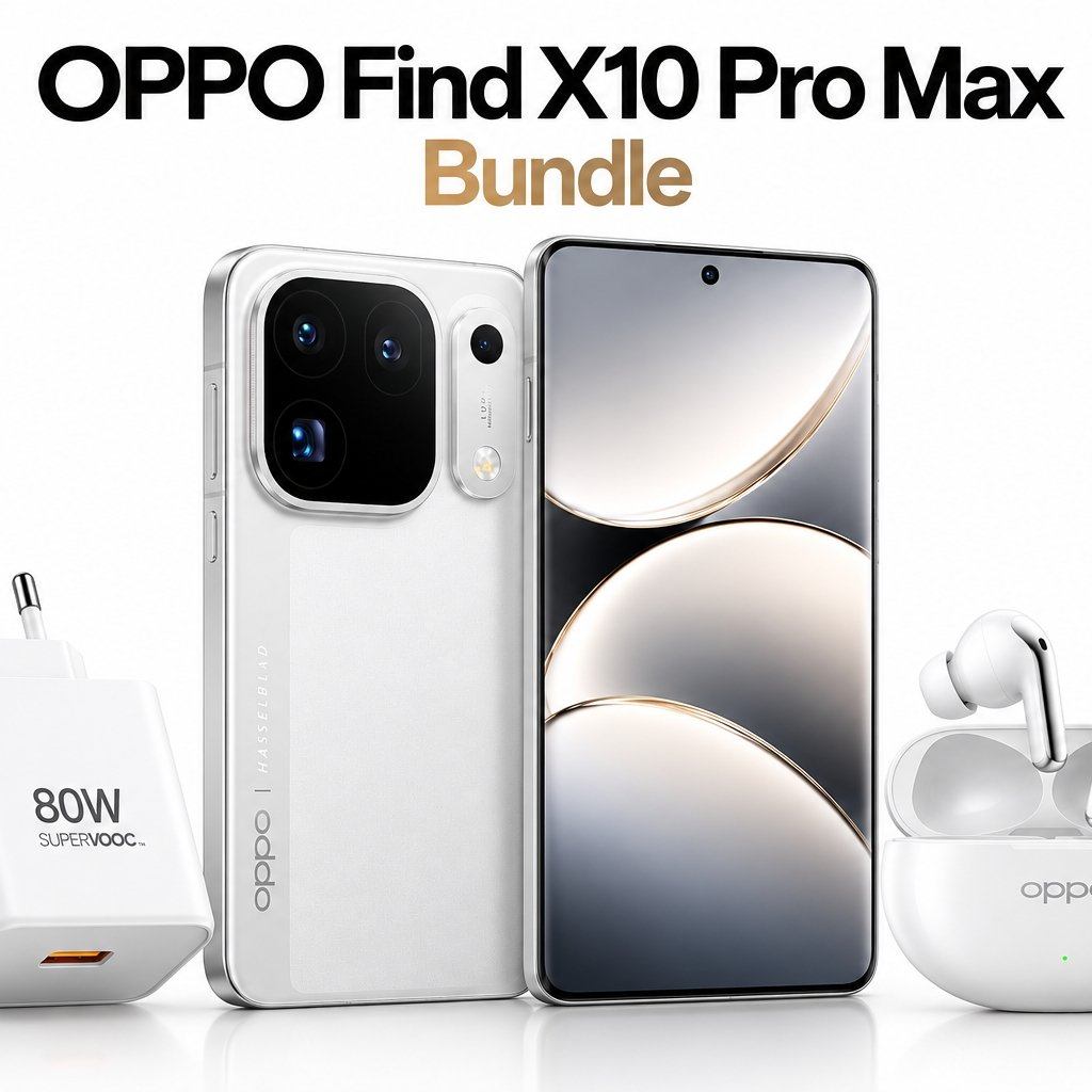 OPPO Find X10 Pro Max Bundle mit Smartphone, Ladegerät und Kopfhörern.