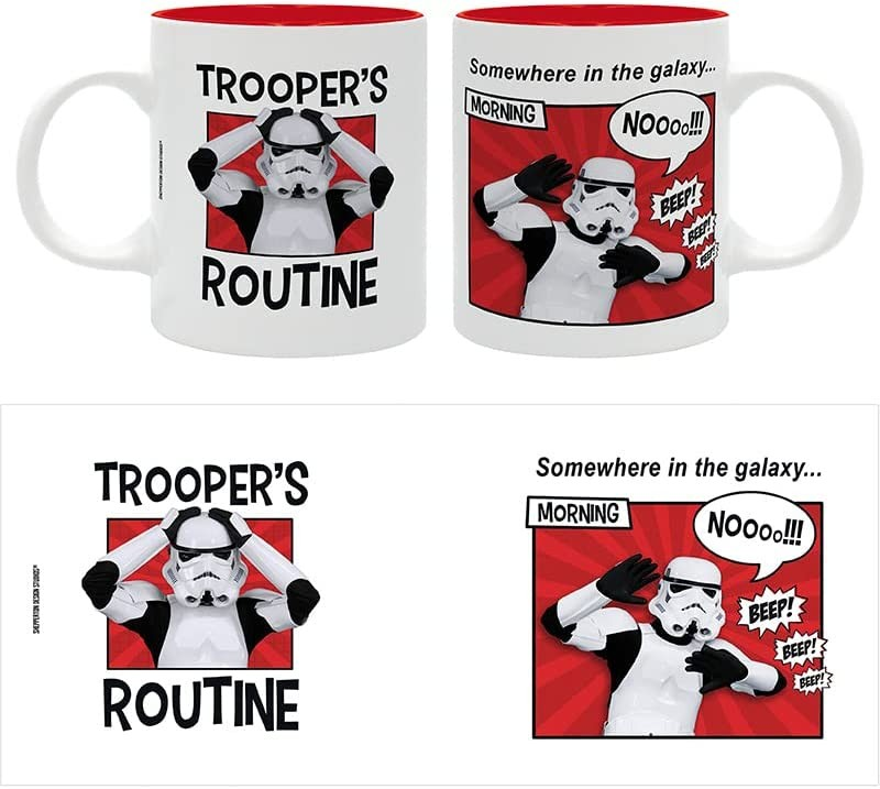 Taza blanca con gráfico de Stormtrooper y texto.