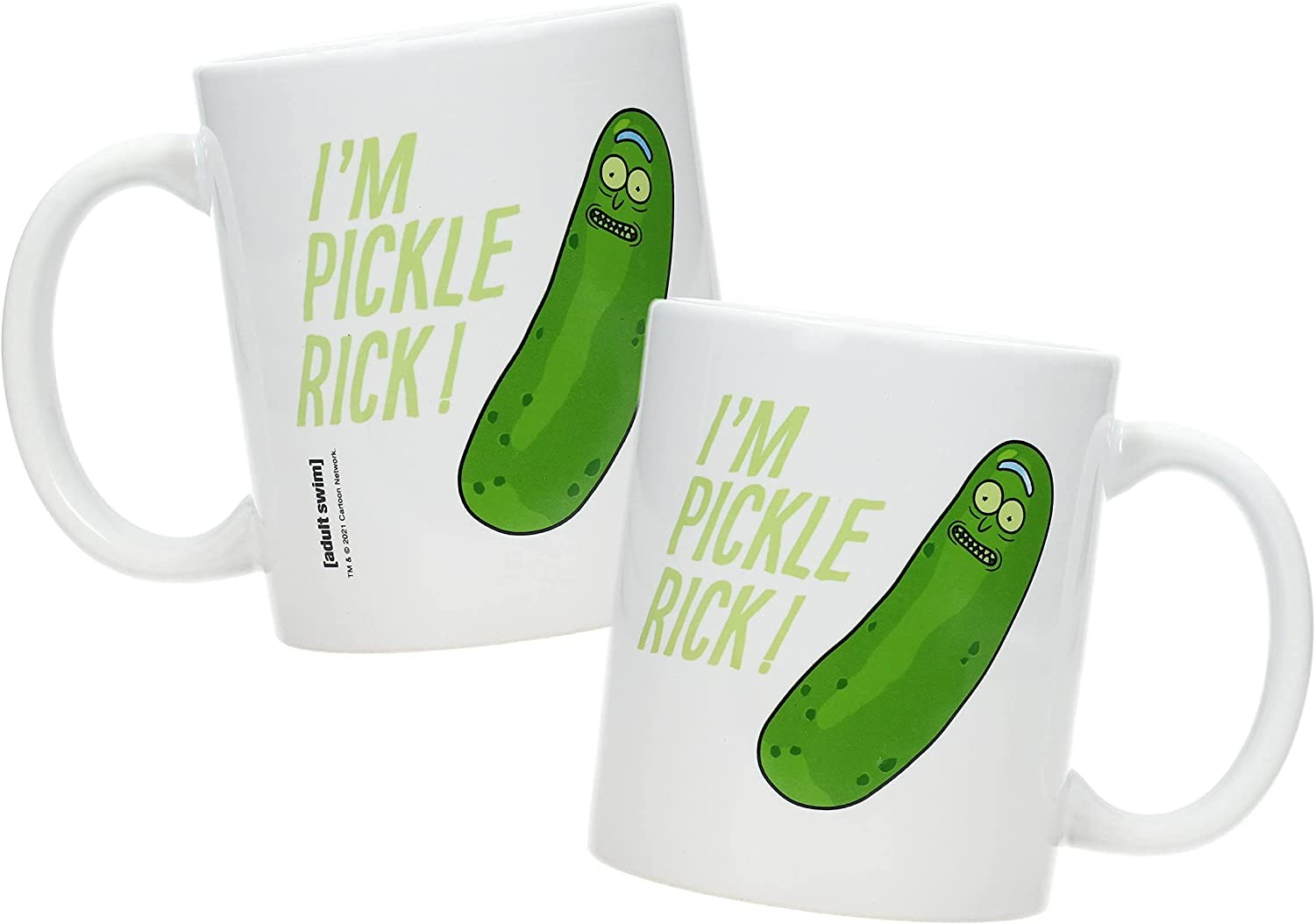 Dos tazas blancas con Pickle Rick y el texto I'M PICKLE RICK! sobre un fondo blanco.