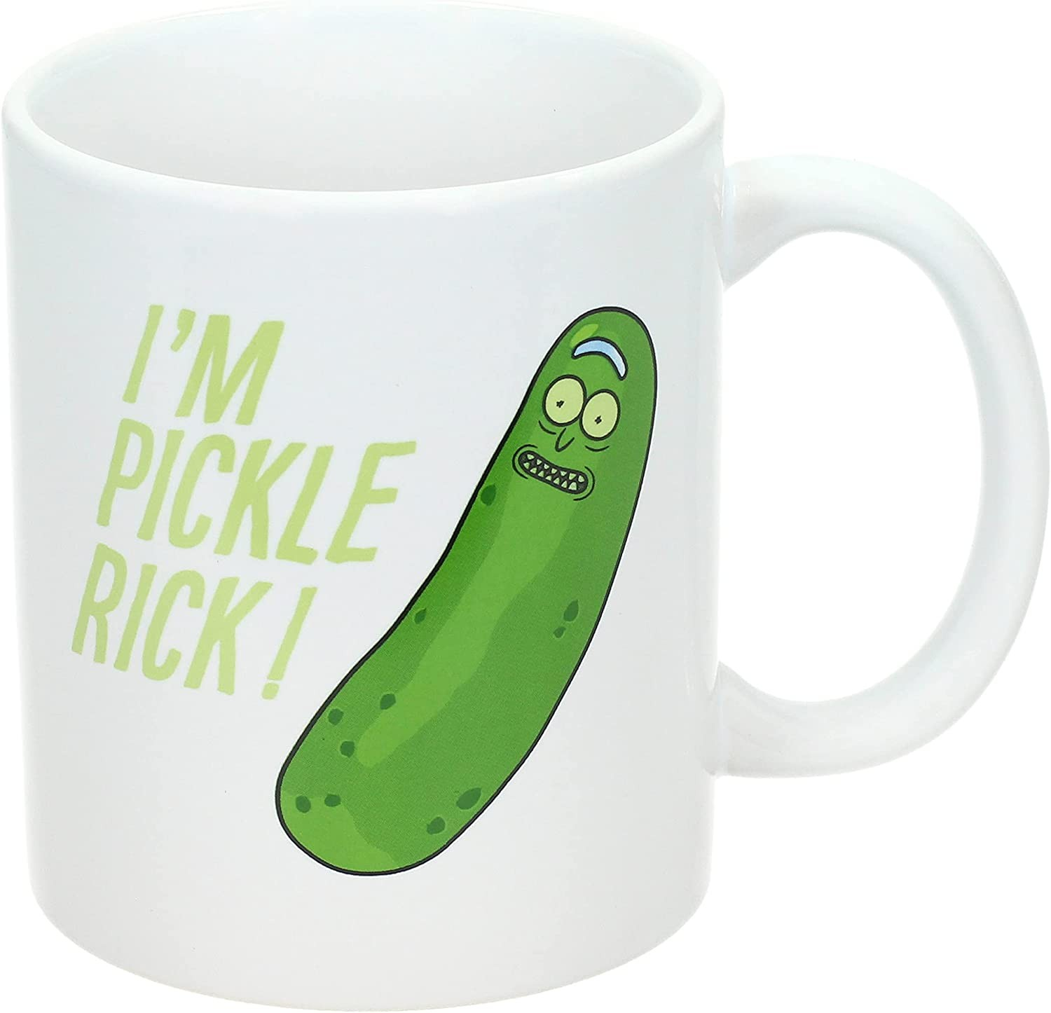 Una taza de café blanca con el texto 'I'M PICKLE RICK!' y una ilustración de Pickle Rick.