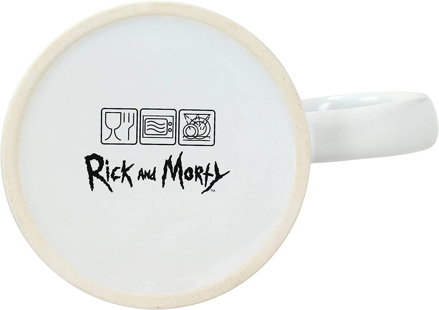 Fondo de una taza blanca con el logotipo de Rick y Morty e iconos de cuidado sobre fondo blanco.