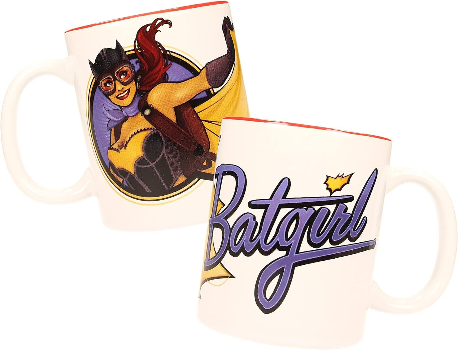 Dos tazas blancas con gráficos de Batgirl y borde interior rojo sobre fondo blanco.