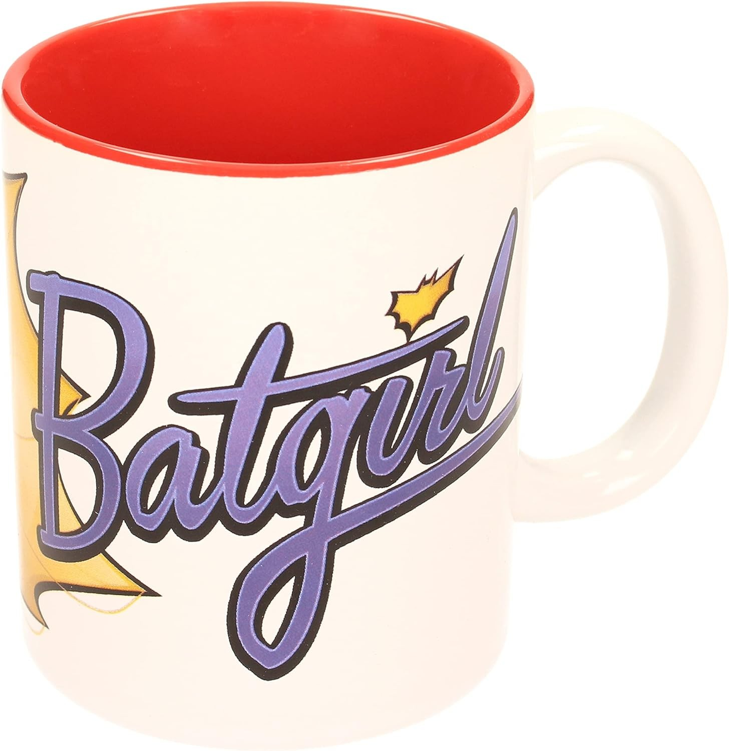 Taza de cerámica blanca con interior rojo, texto morado de Batgirl y símbolo de murciélago amarillo sobre fondo claro.