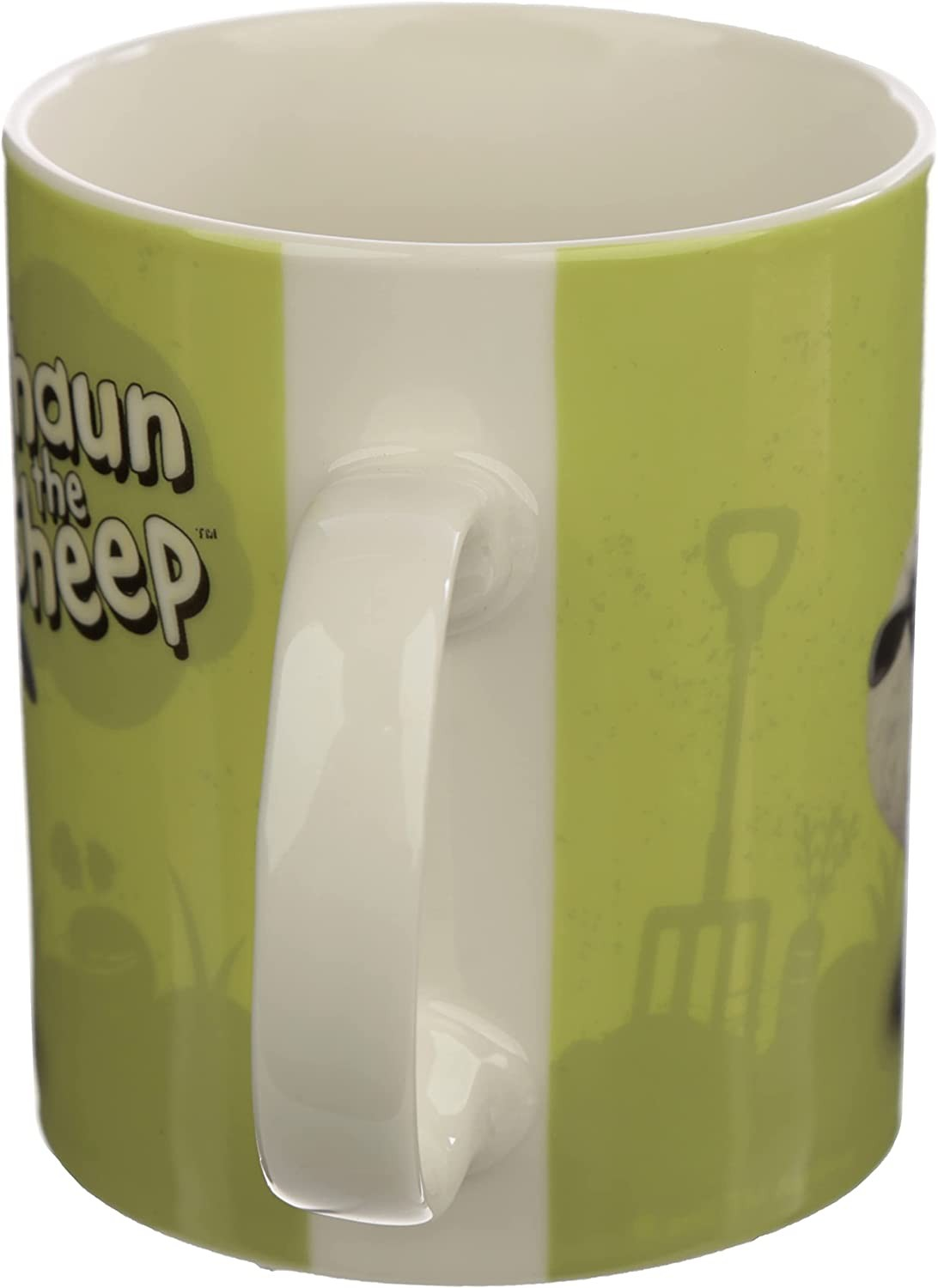 Taza de cerámica verde con gráficos de Shaun the Sheep y asa blanca.