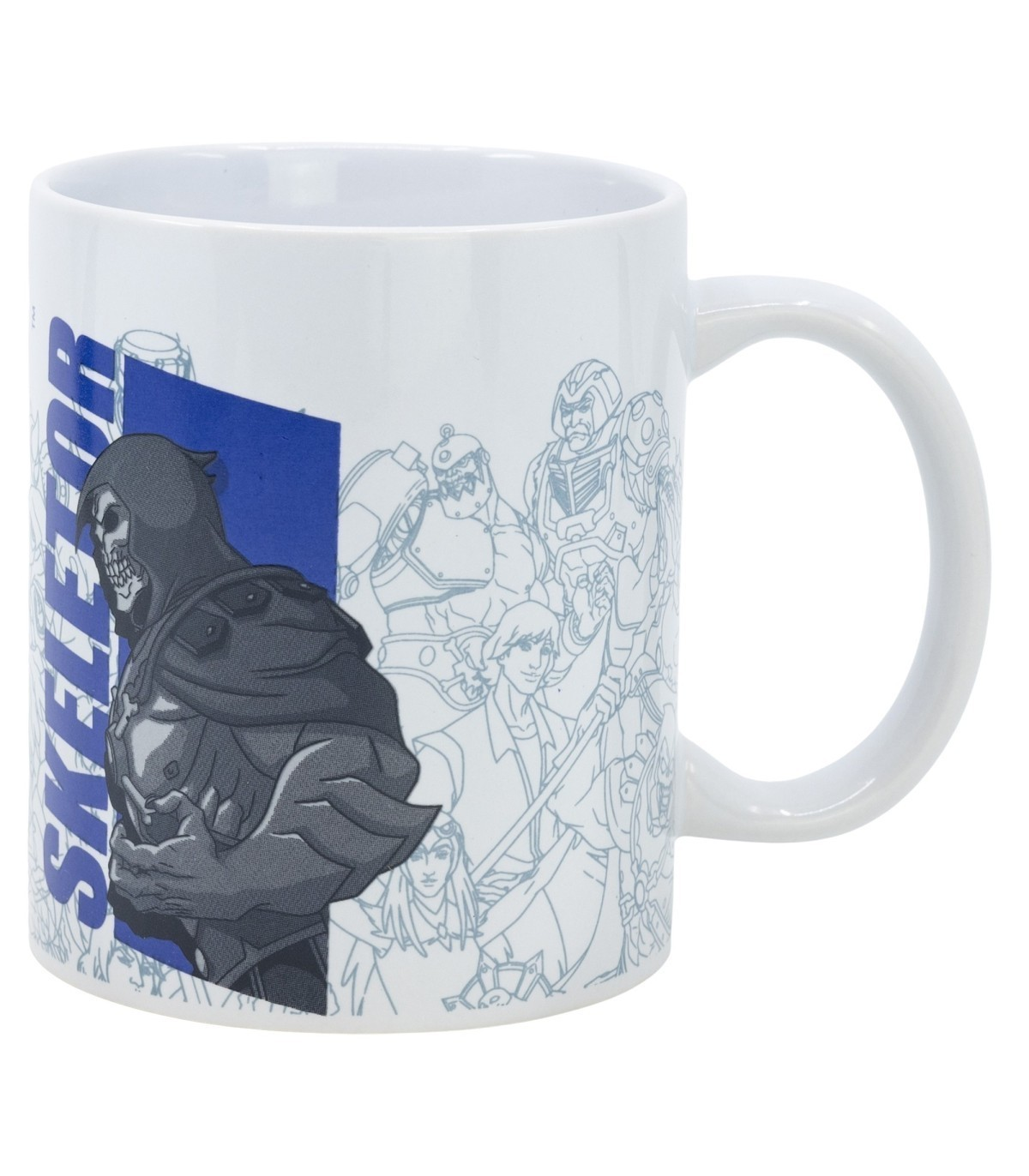 Una taza de cerámica blanca con gráficos de personajes de Skeletor en gris y azul.