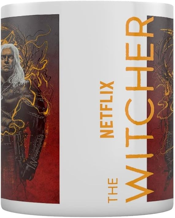 Taza blanca con el logotipo de The Witcher y arte de Geralt.